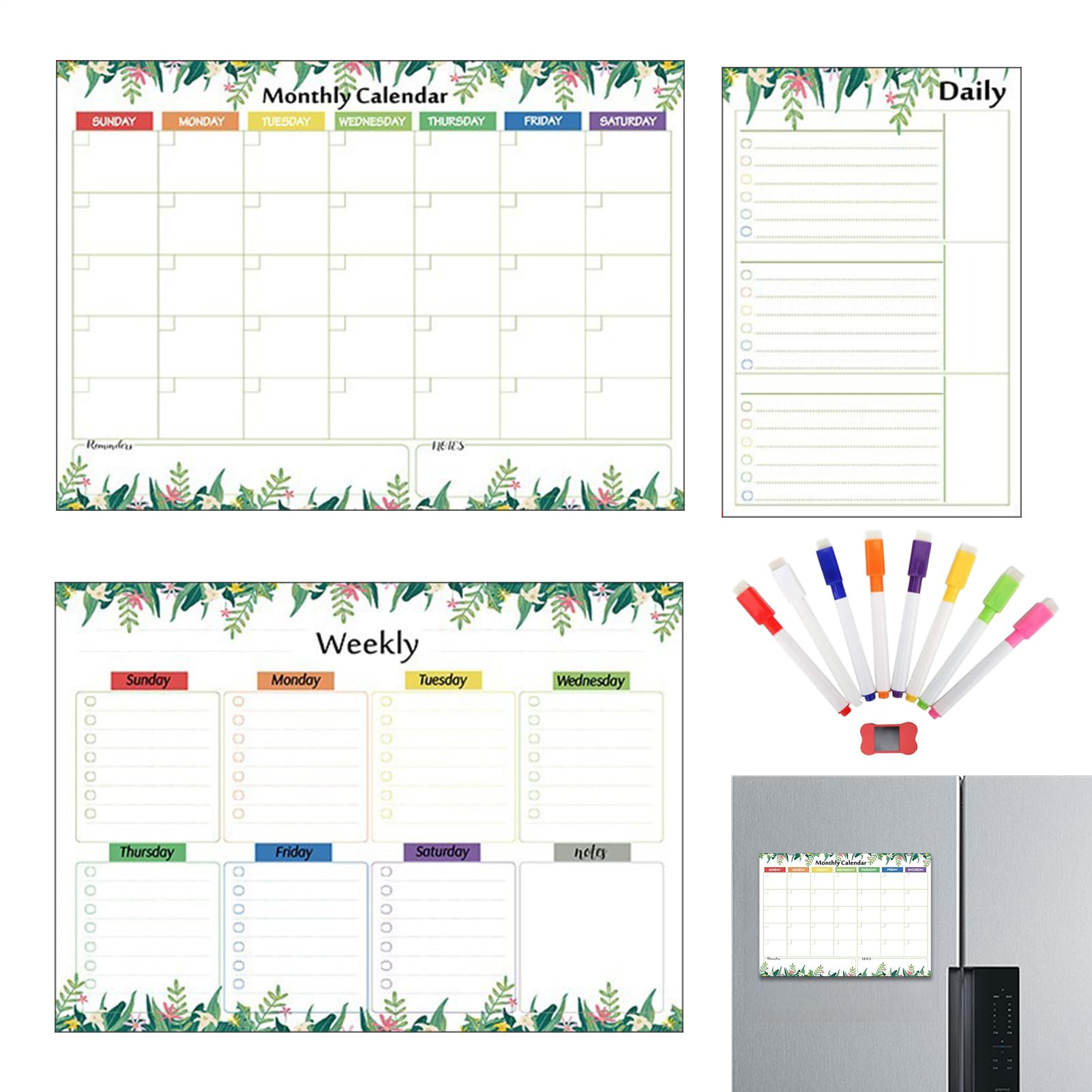 Lot de 3 calendriers mensuels pour réfrigérateur avec marqueurs et gommes – Organisation murale, planificateurs mensuels hebdomadaires et quotidiens pour adultes et