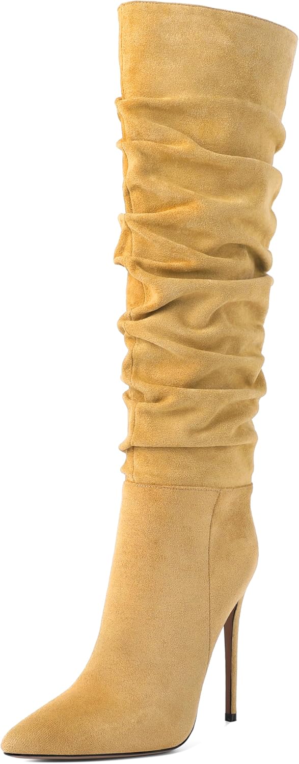 Soireelady Womens Knee High Boots Stiletto Heel Booties Pointed Toe Side Zipper Slouchy High Heeled Boots Fashion Tall Dressy Booties 5 Inches