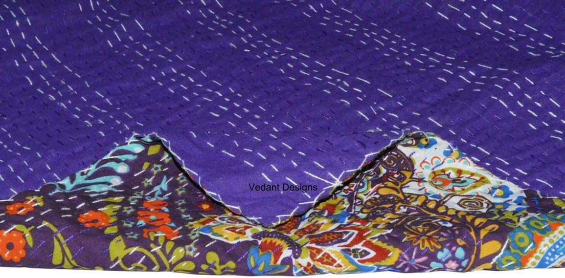 Purple Color Paisley Print Kantha Quilt, Hand Stitched Queen Size Cotton Bedspread, Indian Designer Bed Cover, Reversible Kantha Bedding
