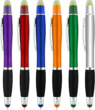 SyPen Bible Highlighter with Pen and Stylus for Touchscreens, 3 in 1 Combo, All Yellow Highlighters, All Black Ballpoint Ink, Wax Gel Highlighters, Multi-Color Barrels, Pack of 6