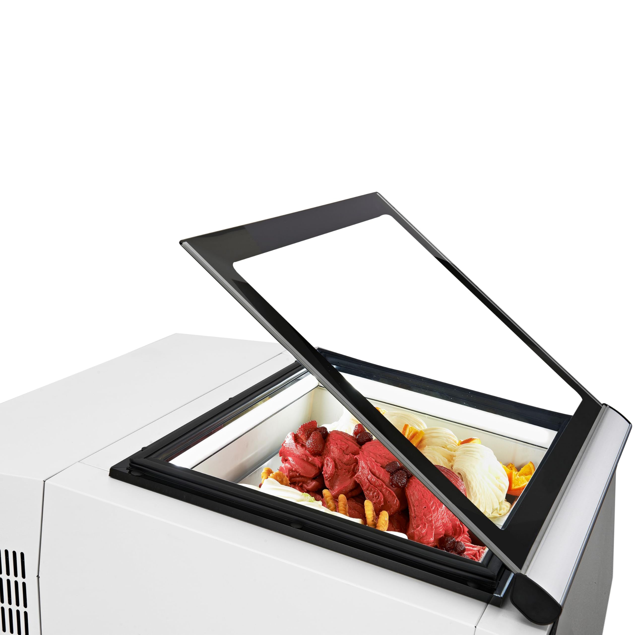 Tisch-Eisvitrine - 670mm - Statisch - für 3x 5 Liter Eisbehälter - Deckelöffnung zur Bedienungsseite | robuste Edelstahlbauweise, beheizbare Scheiben, digitale Temperaturkontrolle, automatische Abtauung, sofort einsatzbereit