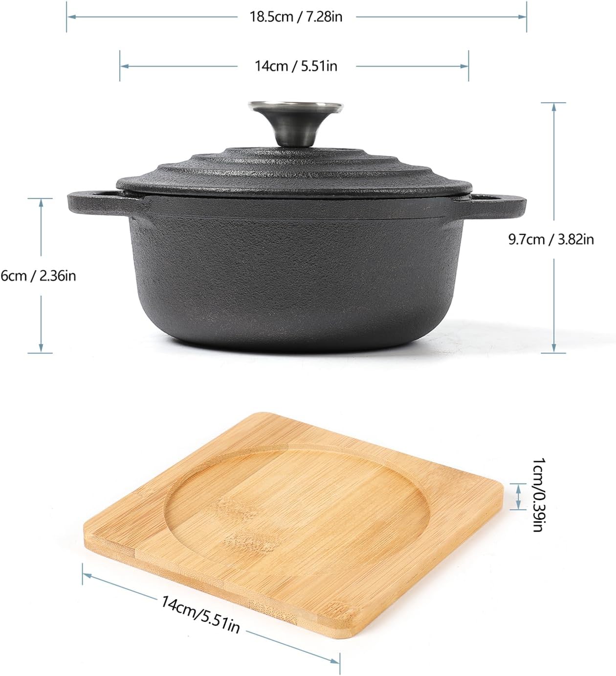 HAWOK Cast Iron Mini Dutch Oven, Dia5.51”, 23oz, with Bamboo Tray, Set of 2, Pre-seasoned