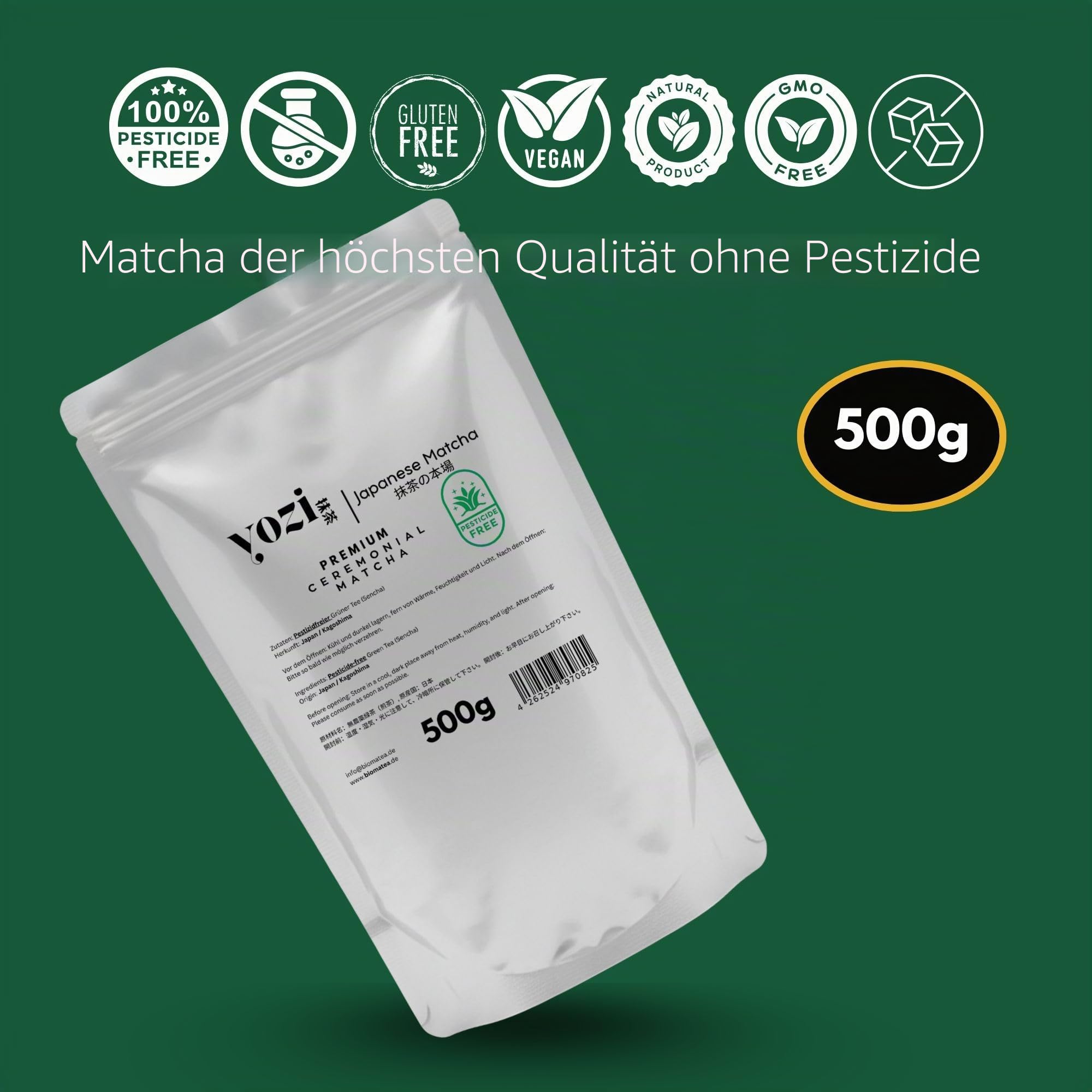 Yozi high ceremonial grade Matcha Pulver | aus Japan - Kagoshima | Pestizidfreier Matcha in höchster Reinheit | Premium Matcha Tee Pulver Single Origin | ersten Ernte (500g Vorratspack)