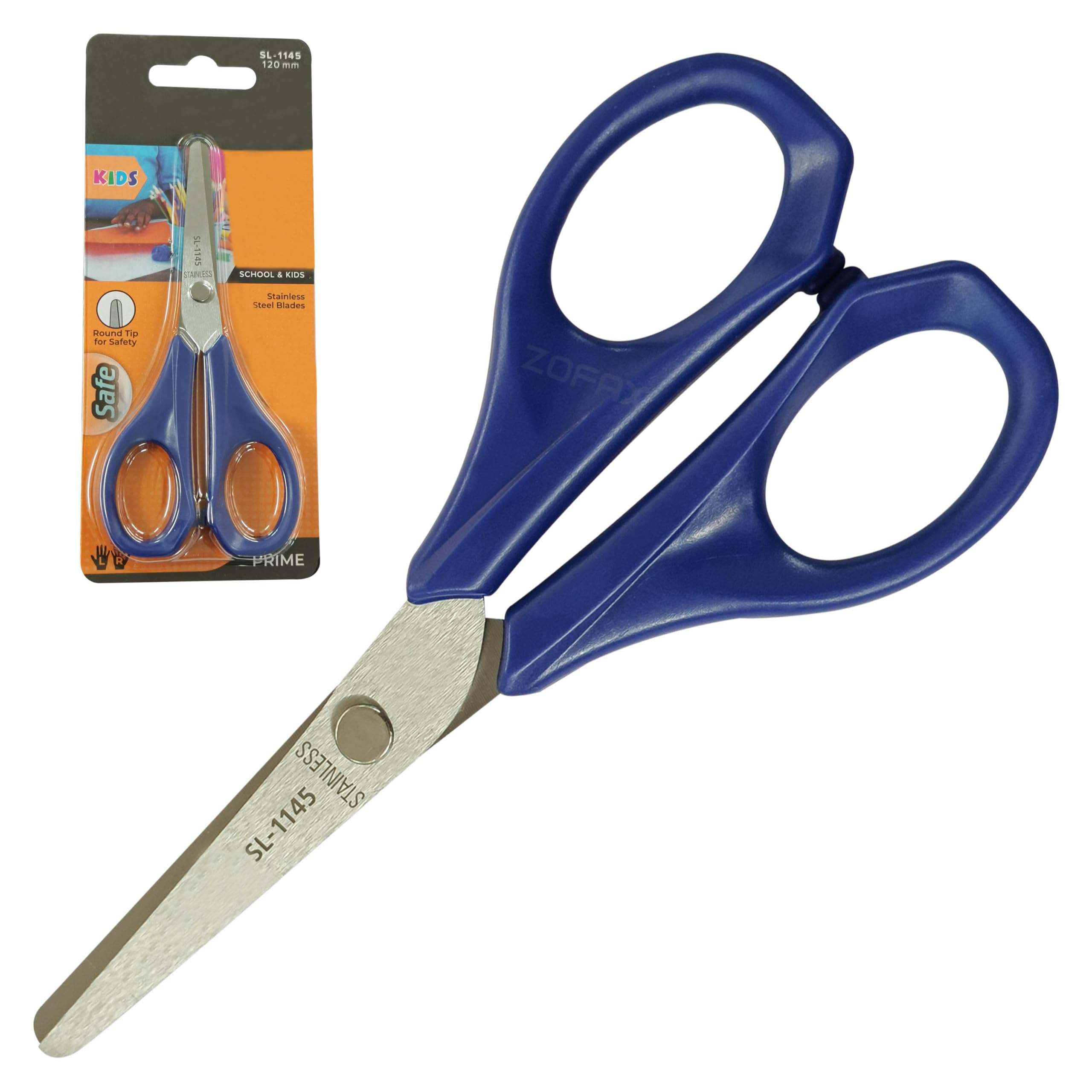 ZSL1145 Round Tip Safety Scissors, 120mm, Blue Body, Stainless Steel Blades, Lightweight Comfortable Grip, Left-Right Handed, School Craft Paper Cutting, iZOFAX