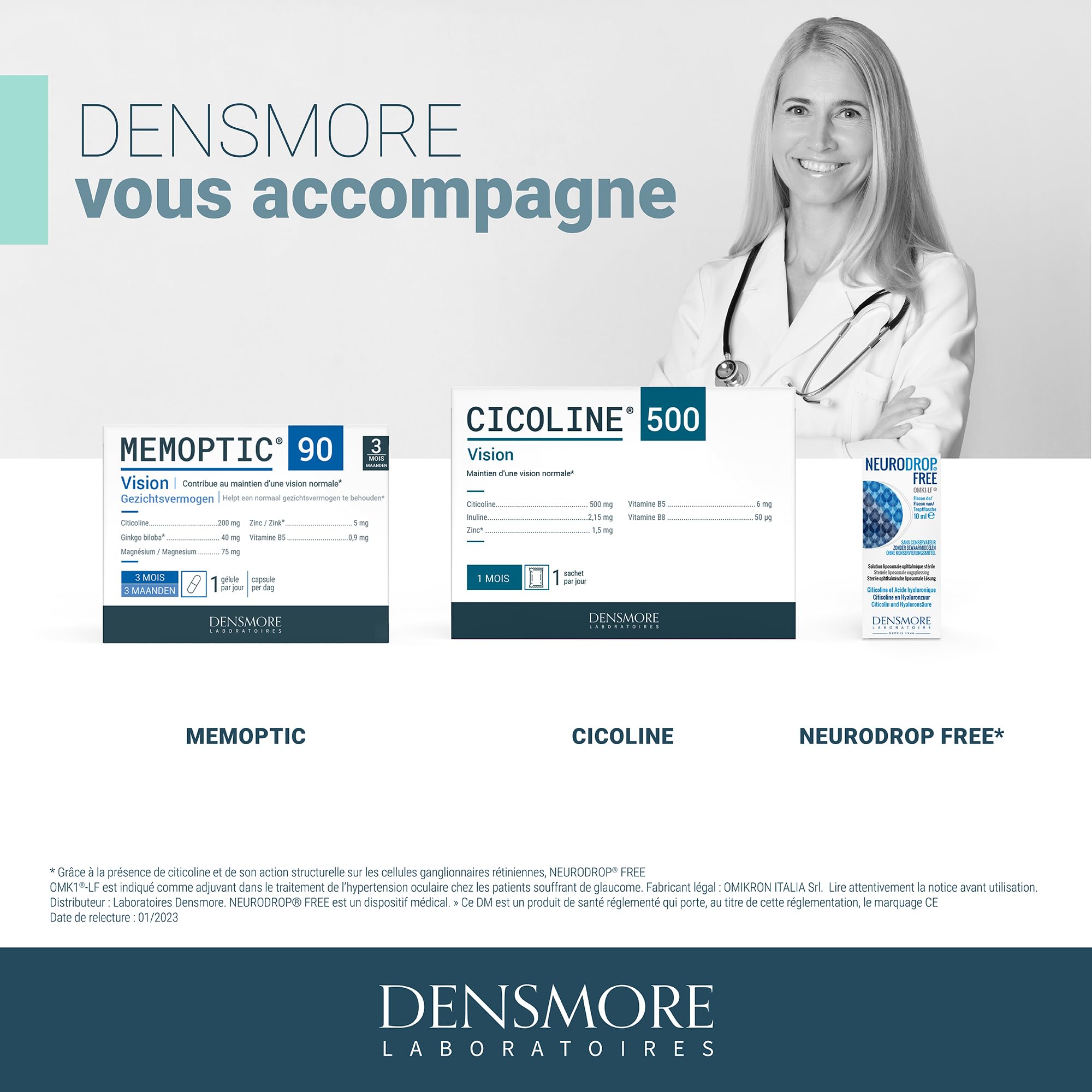 Densmore - Cure de 6 mois - MEMOPTIC - Complément Alimentaire Mémoire et Vision à base de Citicoline - Ginkgo biloba - Magnésium - Vitamine B5 - Zinc - 180 gélules - Fabriqué en France