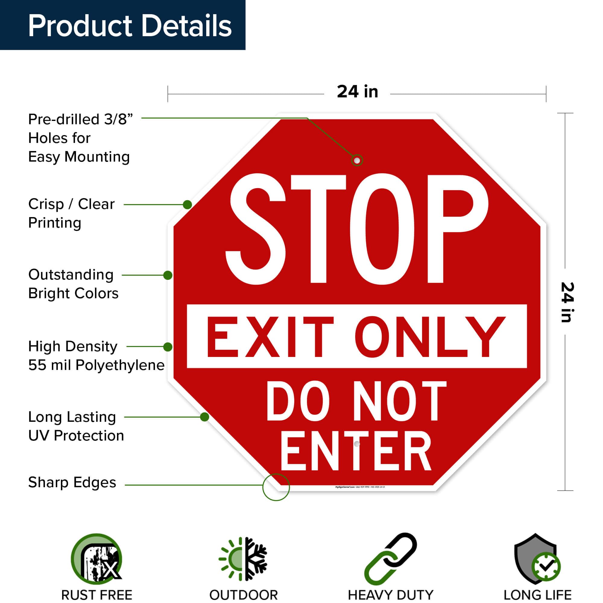 Exit Only Sign Stop Exit Only Do Not Enter Sign - 24x24 Inch HDPE ...