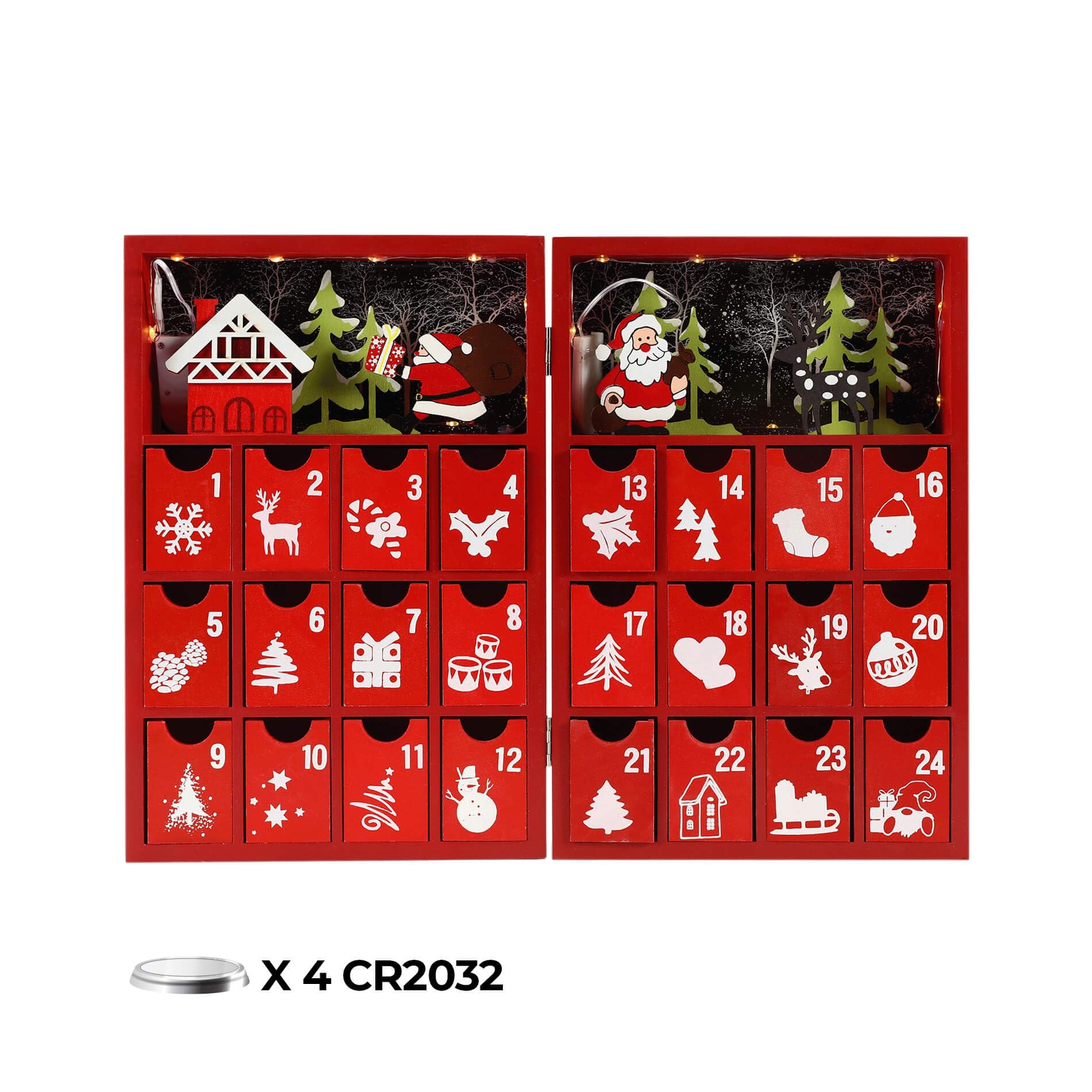 Rebecca Mobili Befüllbarer Adventskalender mit Schubladen und Lichtern, Holz, Rot, Wiederverwendbar, Weihnachtsgeschenkideen - Abmessungen HxBxT: 31 x 42 x 4,5 cm - Art. RE6891
