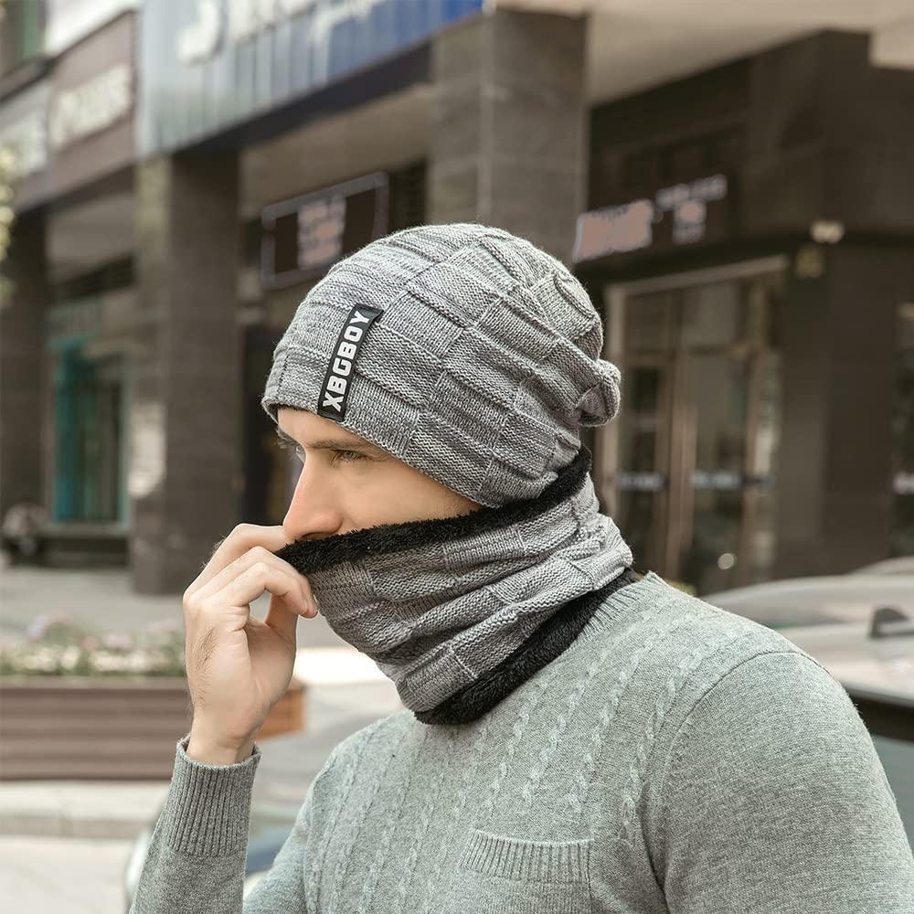Winter Beanie Mütze Schal und Touchscreen Handschuhe Set, Strick-Thermo-Set mit Kuscheligem Fleece-Futter, Slouchy Beanie-Kappe, Nackenwärmer und Handschuhe für Damen und Herren