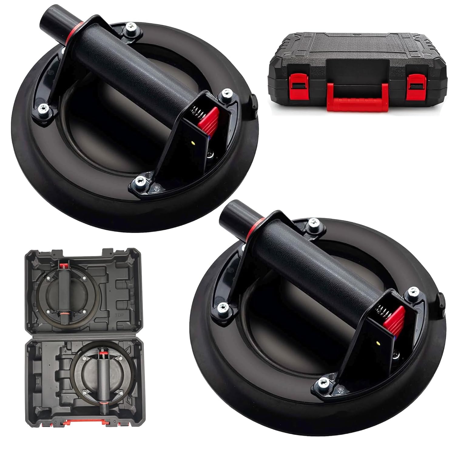 8" Heavy Duty Glass Suction Cups for Tile & Glass, 2-Pack 480 lbs Industrial Vacuum Suction Cup Tool with Pump Handle, Red Line Safety Indicator for Vacuum Loss, Window & Floor Tile Tools (Black)