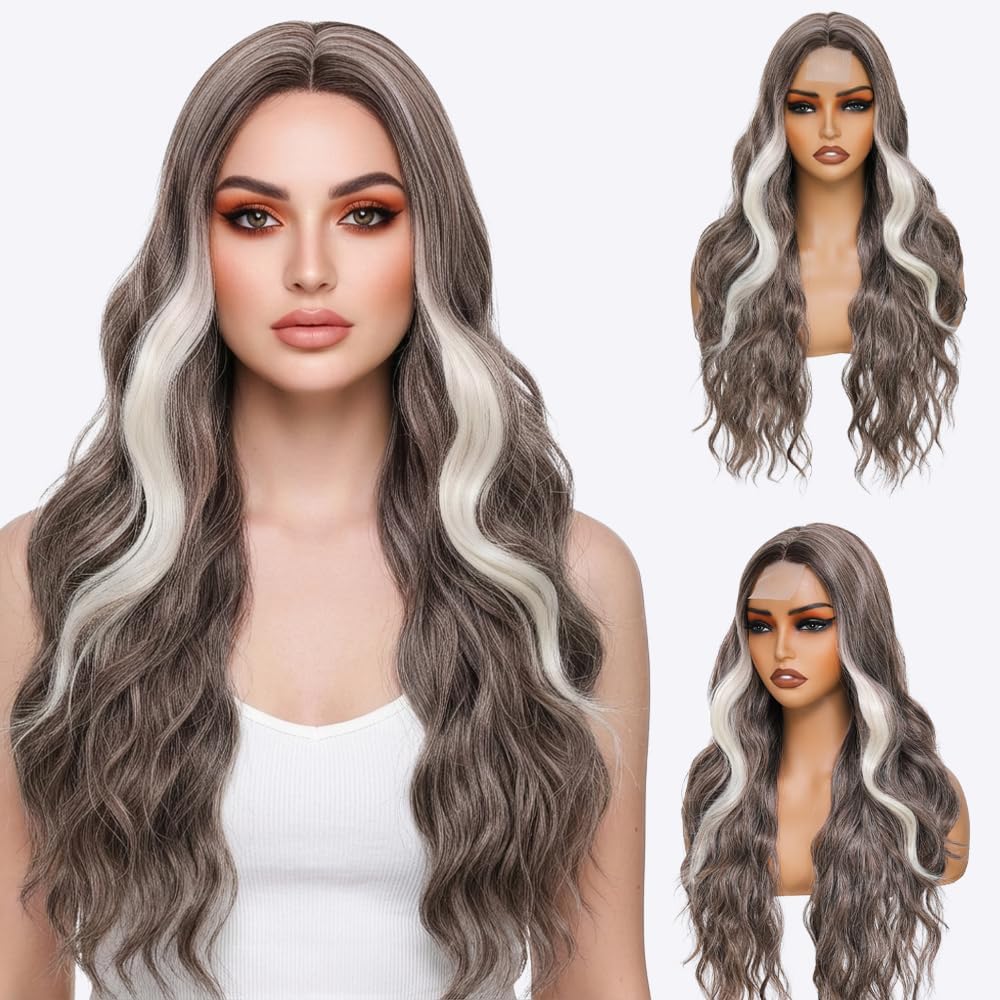 Long Ash Brown Highlights Blonde Wavy Wig for Women 26 Inch Middle Part Balayage Wig Women Charming Hair Realistic Natural Looking Synthetic Heat Resistant Fiber Wig for Daily Cosplay Party Use