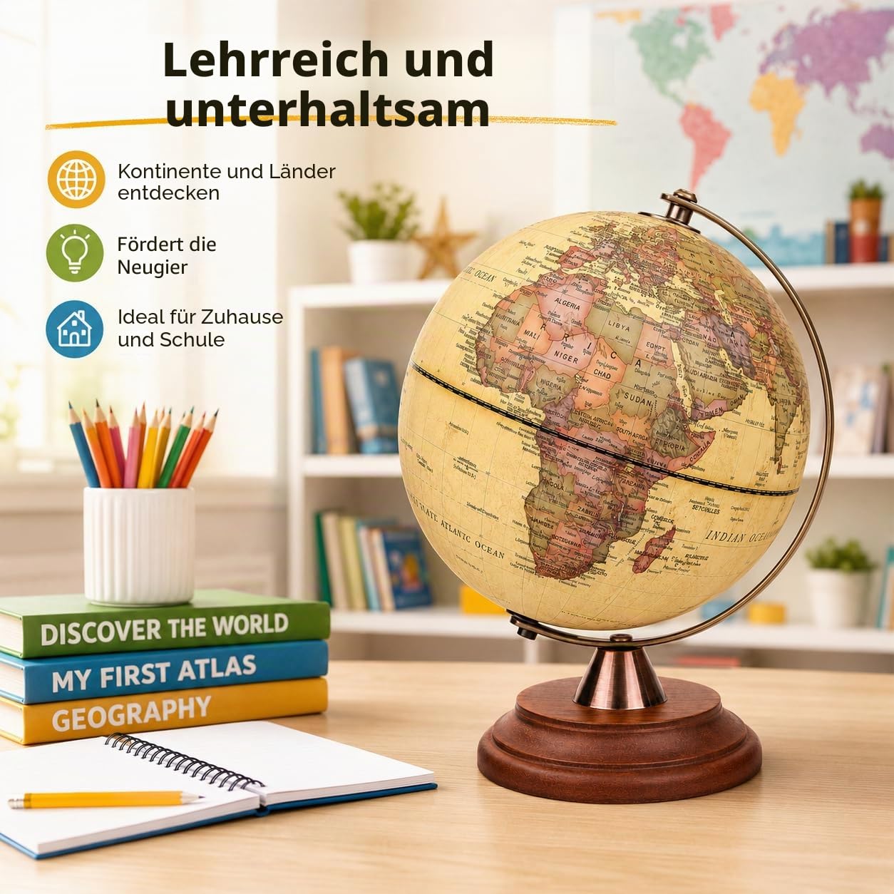 EXERZ 20 cm Leuchtglobus Antik Globus LED Holz Ständer Schülerglobus | Vintage Farbe Modernn Karte USB Cable Metall Arc für Zuhause Büro Schule Geografie Lernen und Gift Präsentation