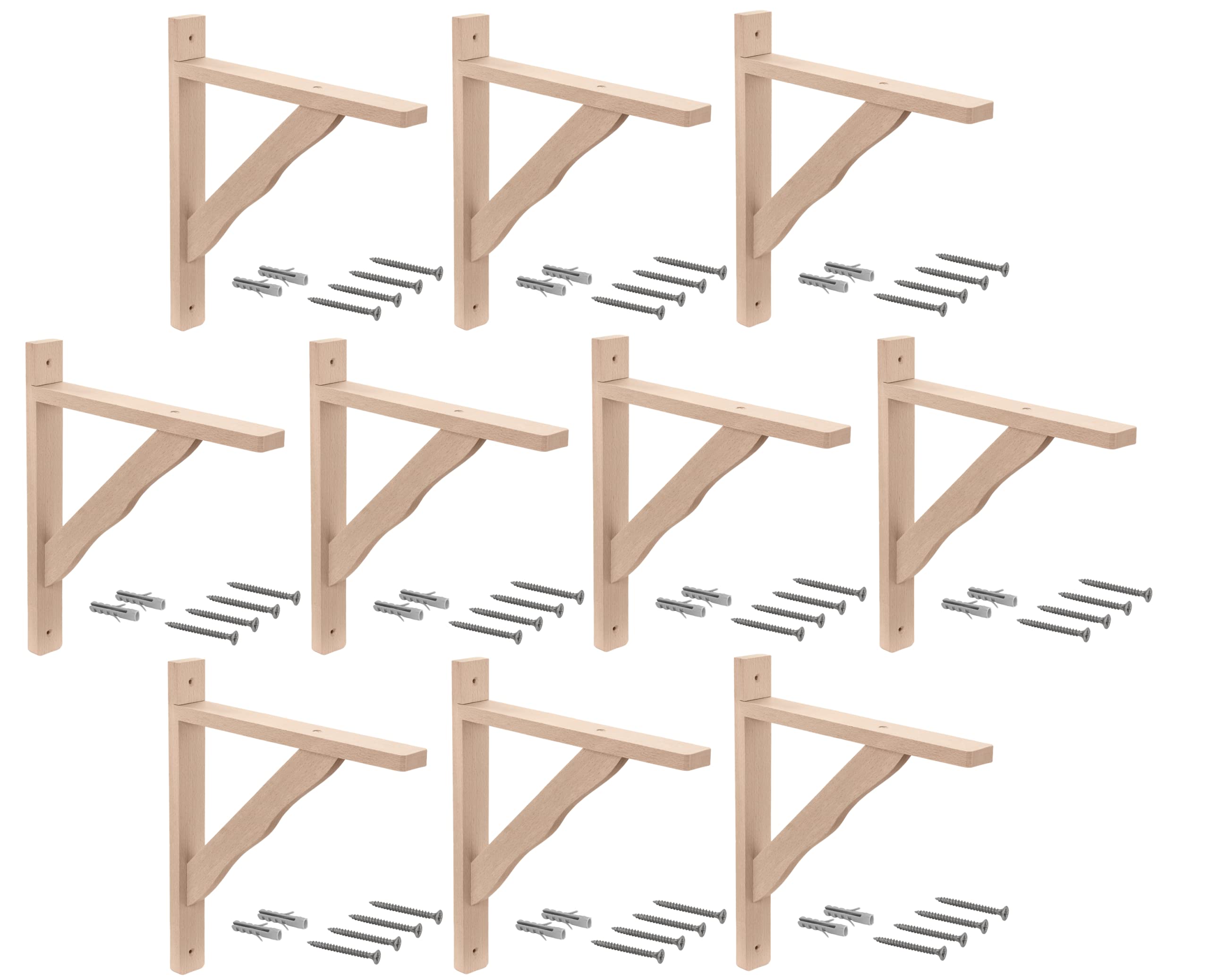 Gedotec Holzkonsole aus Buche | Regal-Halter geeignet für Bücherregale | BORK | 280x230 mm | 10 Stück Regalwinkel aus massivem Naturholz paarweise Tragkraft bis 38 kg | Schwerlastträger für Wandregale