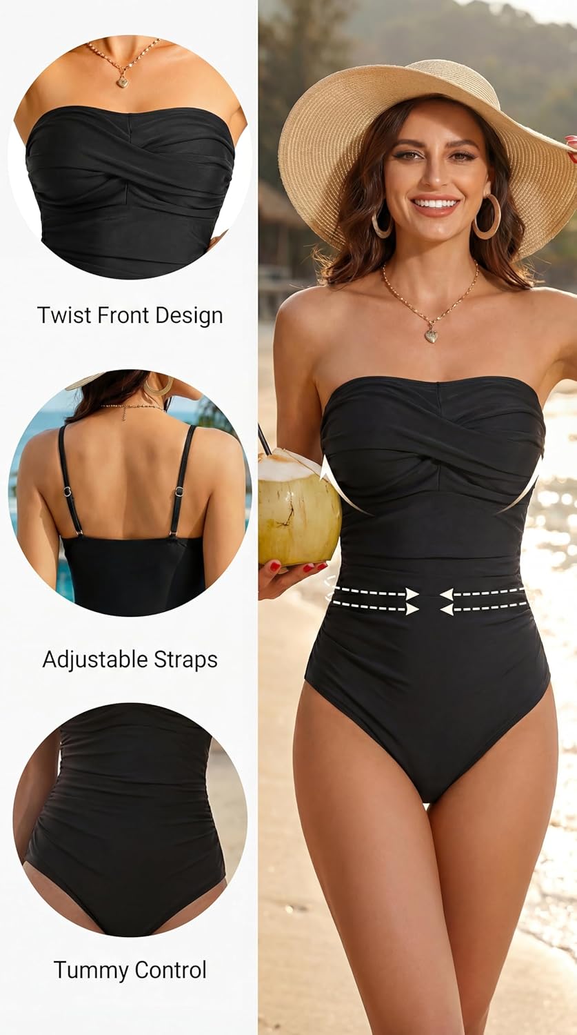 Smismivo Tummy Control Swimwear Strapless One Piece Swimsuit Ruched Bathing Suits for Women Slimming Bandeau Tube Top Bikini - Image 3