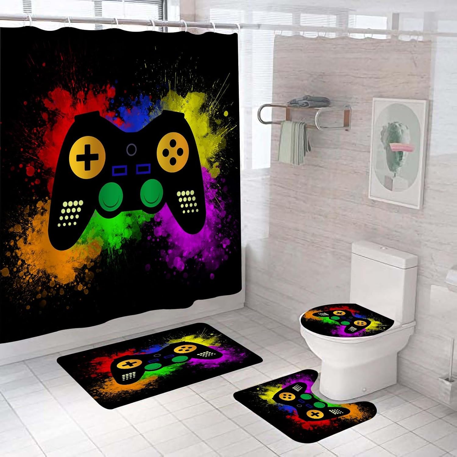 NORBEY 4 Pcs Play Game Shower Curtain Set, Classic Videogames Controller Bath Curtain with Anti-Slip Mat Toilet Cover Carpet Set and 12 Hooks, Black Comic Style Bathroom Decor Set 72 x 72 Inch