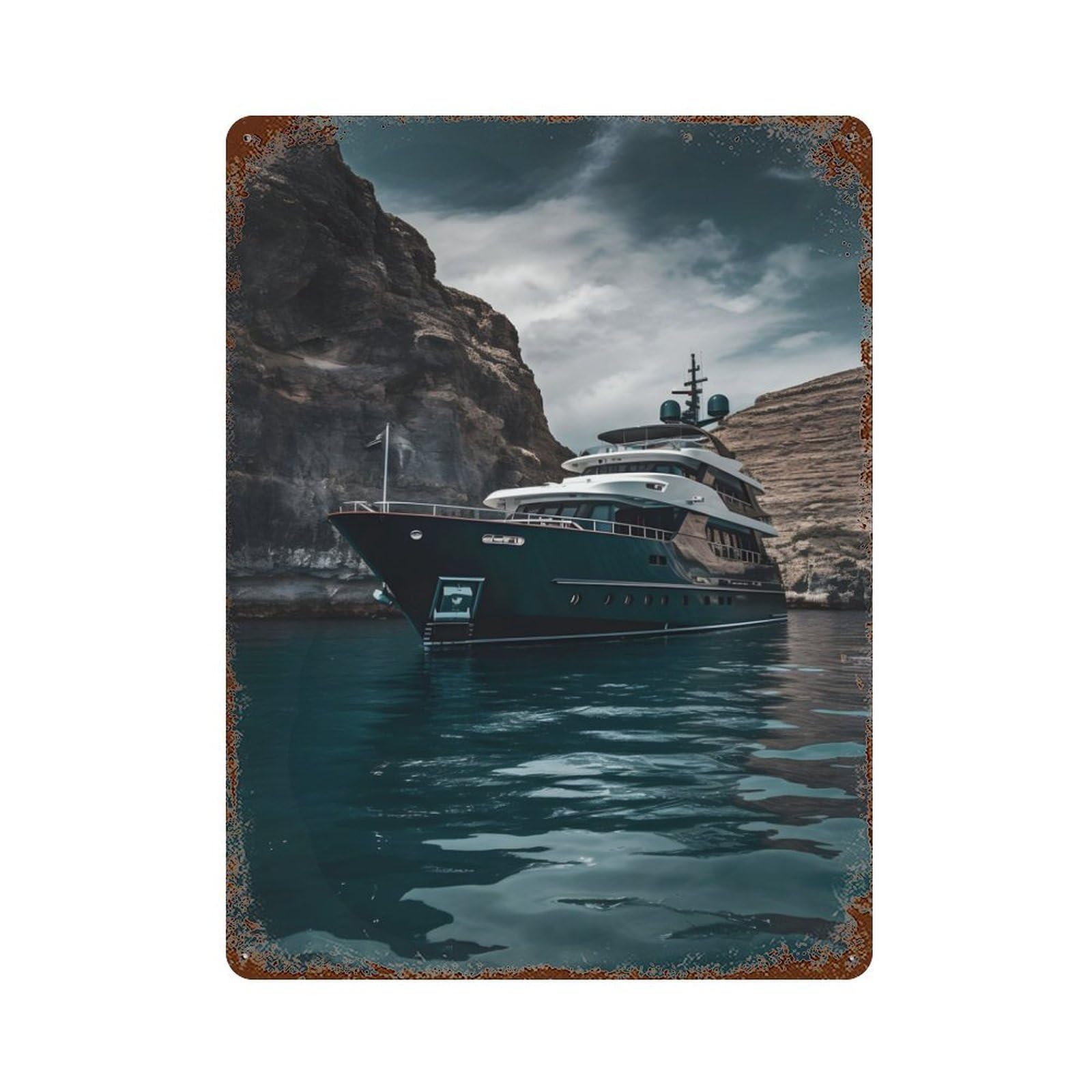 Santorini Yacht Rusty Metal Tin Sign 15.7"x11.8", Classic Wall Plaque for Pub, Kitchen And Man Cave Decor