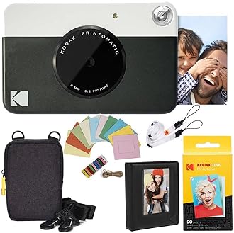 Kodak Printomatic Instant Camera (Black) Deluxe Bundle + Zink Paper (20 Sheets) + Deluxe Case + Photo Album + Hanging Frames + Comfortable Neck Strap