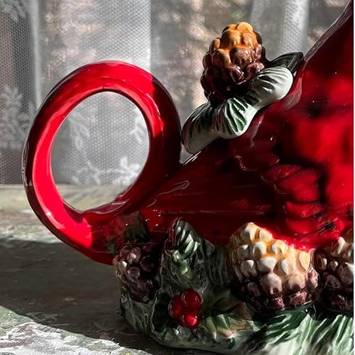 Miniatura 5 de Cafetera de cerámica de Navidad, 3D hecha a mano y pintada a mano, tetera cardenal roja -18 onzas