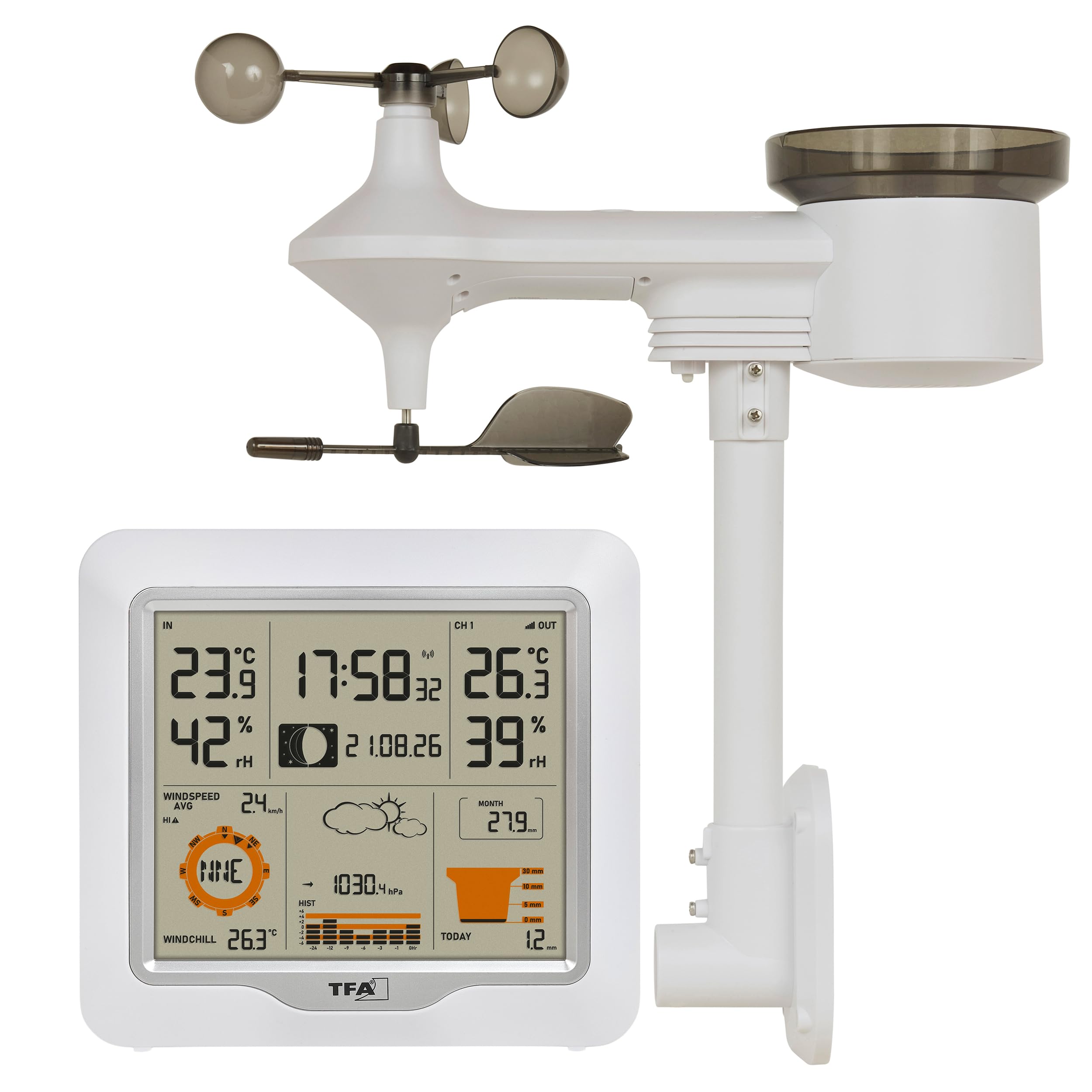TFA Dostmann Digitale Funk-Wetterstation 5-in-1 mit Kombisender Weather One, 35.1177, Luftfeuchtigkeit, Temperatur, Regenmesser, Windmesser, mit Luftdruck, Wettervorhersage, Alarme, weiß