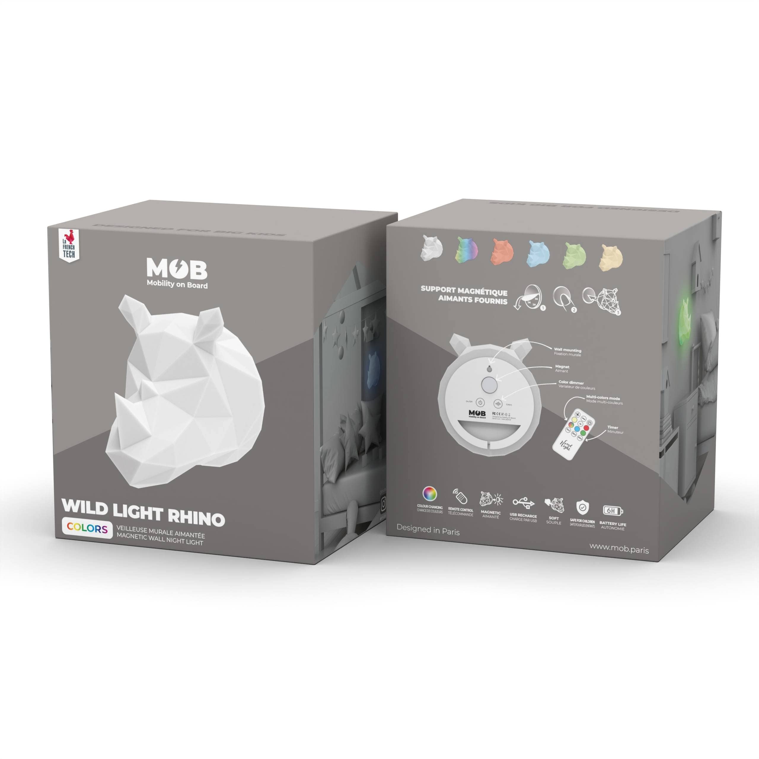Luz Nocturna Quitamiedos Wild Light - Lámpara Interior Magnética - Regulador de Color - Autonomía 6H - Micro-USB - Funcionamiento Sin Pilas - Diseño Rino - MOB