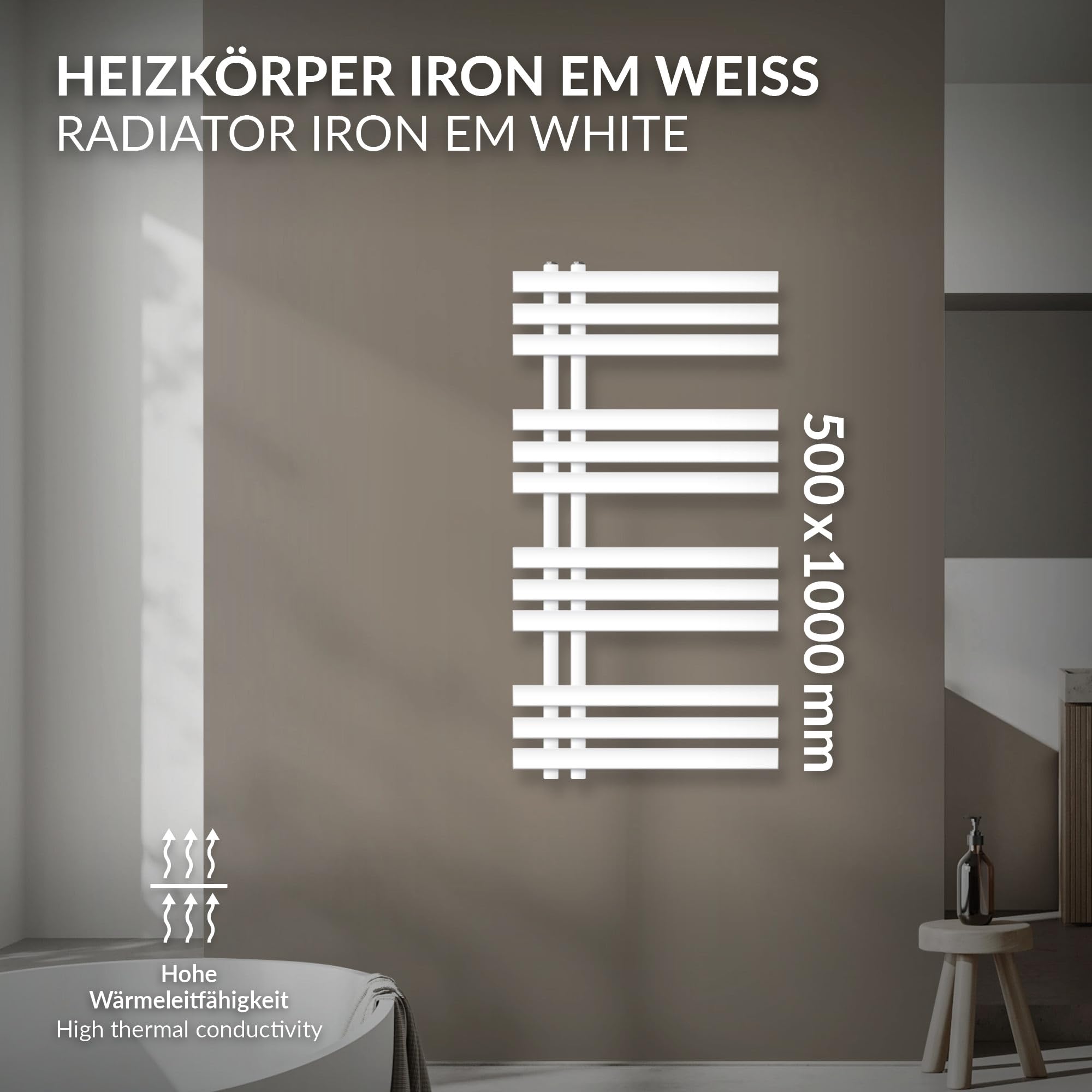 LuxeBath Radiatore da Bagno Iron EM 500x1000 mm Bianco Termoarredo Piatto in Acciaio con Connessione Laterale, Scaldasalviette Moderno, Calorifero Verticale per Riscaldamento Domestico