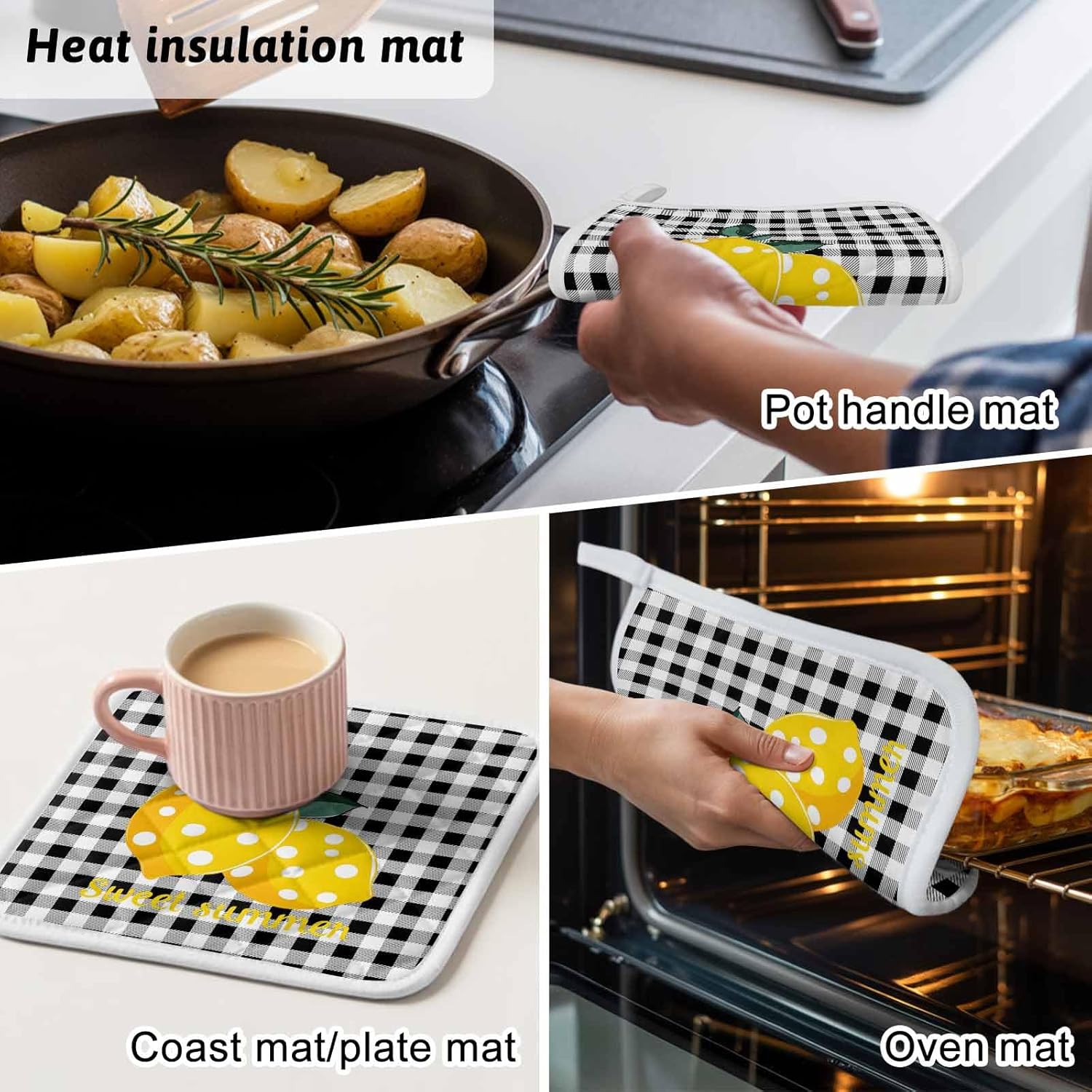 5 Pack Pot Holders for Kitchen, Yellow Lemons Hot Pads for Kitchen Countertops Oven Pot Holder Bulk, Summer Botanical Black White Plaid Farmhouse Heat Insulation Potholders with Hanging Loops