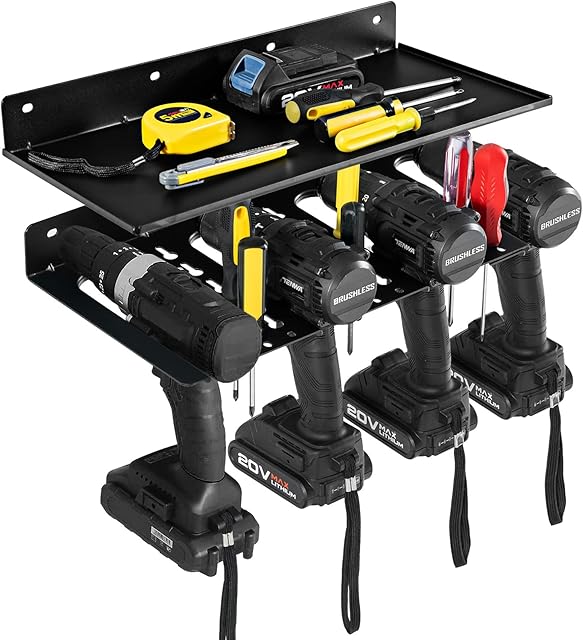COSTWAY Electric Drill Storage Rack with Storage Shelf, Holds 4 Drills & Batteries, Hanging Wall Mounted Organizer with 36 Screwdriver Holes, Power Tool Holder for Garage Home Workshop