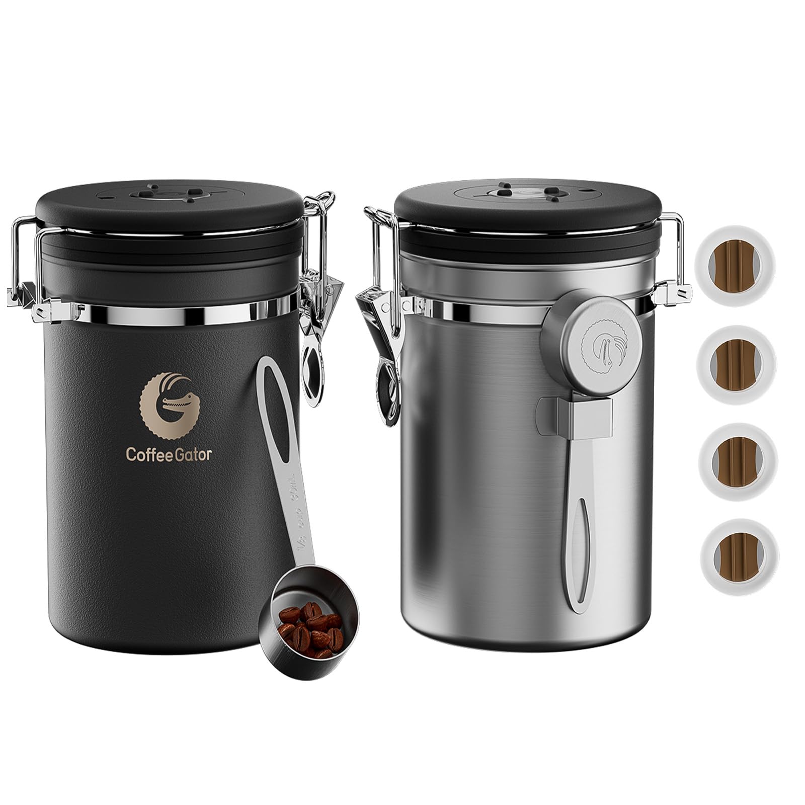 Coffee Gator Coffee Canister, 2pack 22oz Airtight Stainless Steel Kitchen Food Storage Container with Date Tracker, Scoop for Sugar, Grounds, Beans,Tea, Cereal, Flour, Cookies Jars - Gray&Silver