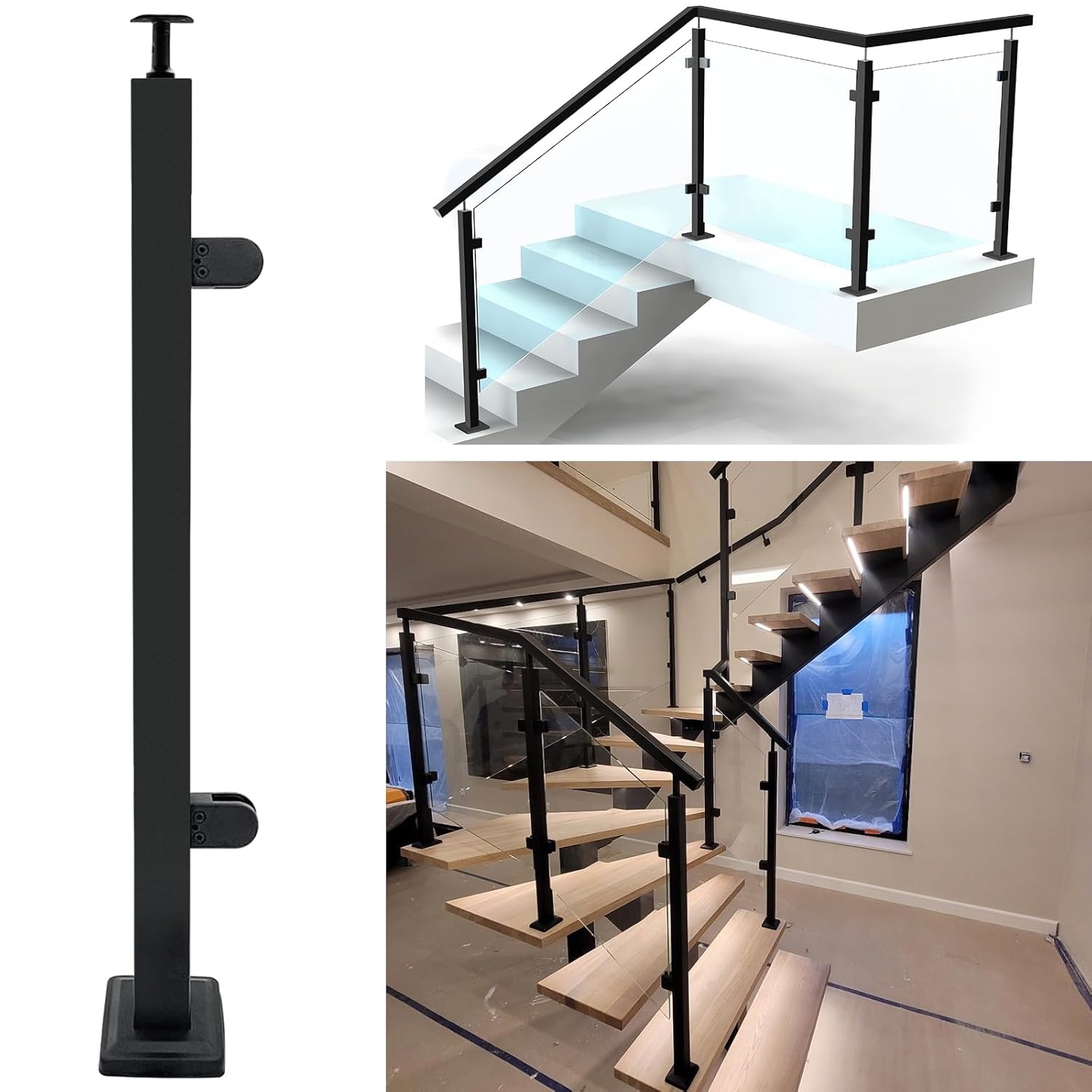 Glass Railing Post 33.46" With Adjustable Top Breckets,304 Stainless Steel Right Angle Corner Glass Balustrade Post With 4 Clamps for Indoors & Outdoors Deck,Stair (Corner Post,Frosted Black)