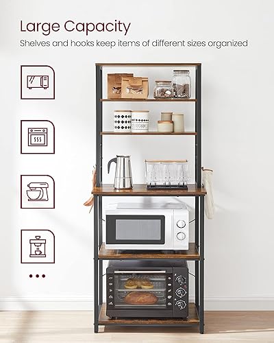 Miniatura 5 de VASAGLE Coffee Bar, 23.6 Inches Baker's Rack for Kitchen with Storage, 6-Tier Kitchen Shelves with 6 Hooks, Microwave Stand, Industrial, Rustic café