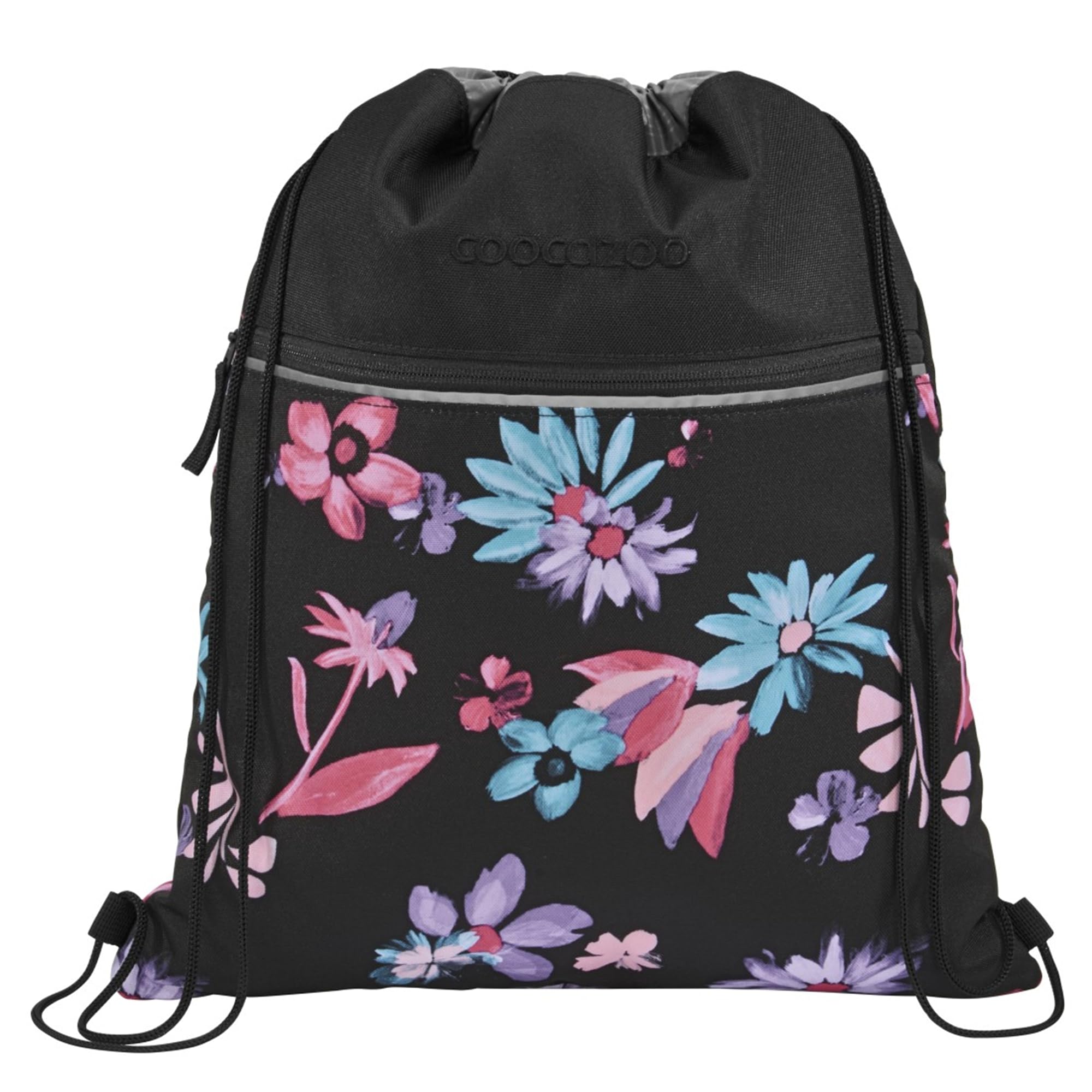 coocazoo Turnbeutel „Floral Artnight”, schwarz-blau, mit Reißverschlussfach und Kordelzug, reflektierende Elemente, Schlaufen zur Befestigung am Schulrucksack, 10 Liter, ab der 3. Klasse