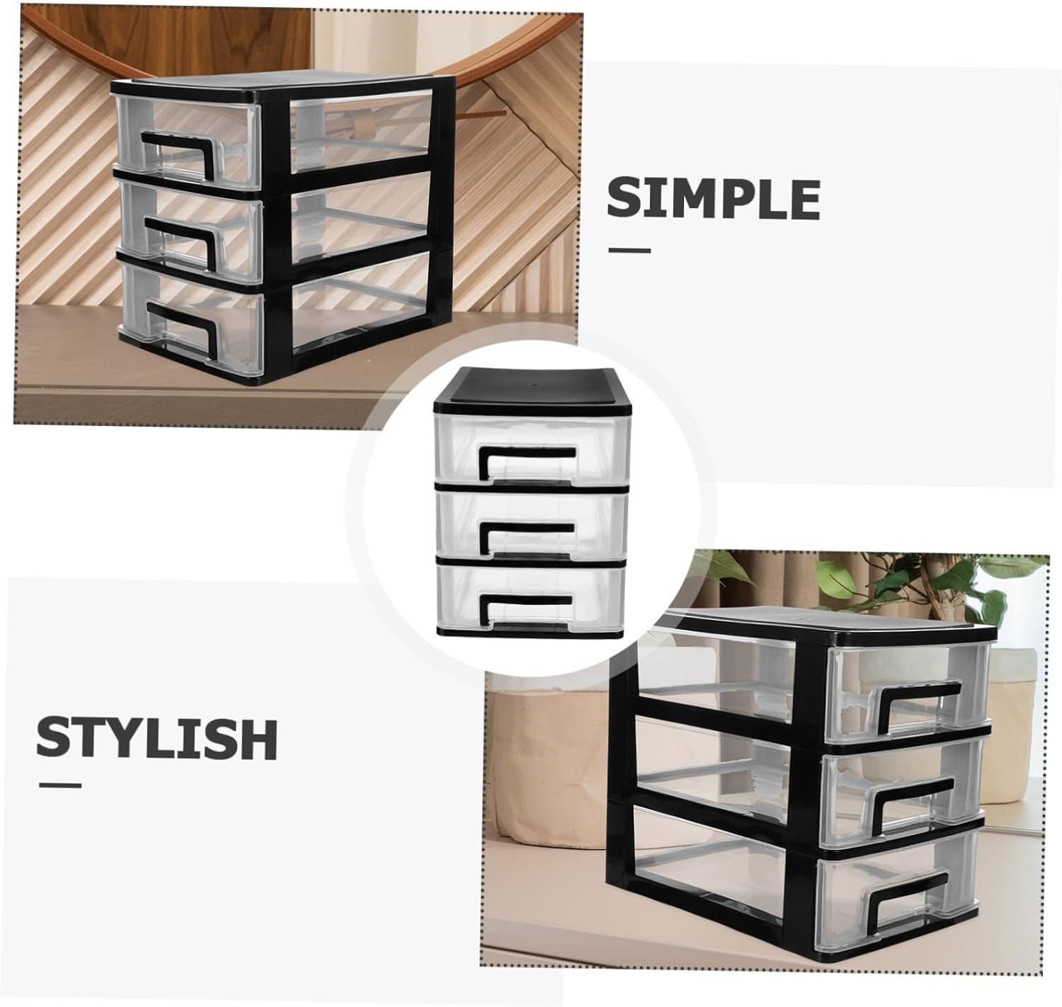 Happyyami Three Layer Transparent Drawer Storage Cabinet Portable Organizer Rack for Home Office Multi Layer Plastic Storage Shelf Black Design for