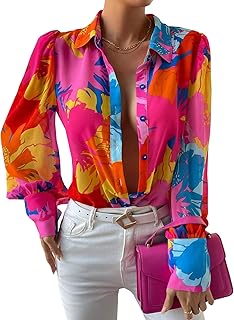 Button Down Shirts for Women Dressy Lantern Long Sleeve Blouses Printed ...