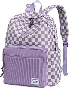 VASCHY Corduroy Backpack for Girls, Lightweight School Bag for Elementary, Middle & High School, Teen Bookbag, Womens Casual Travel Daypack Purple Plaid