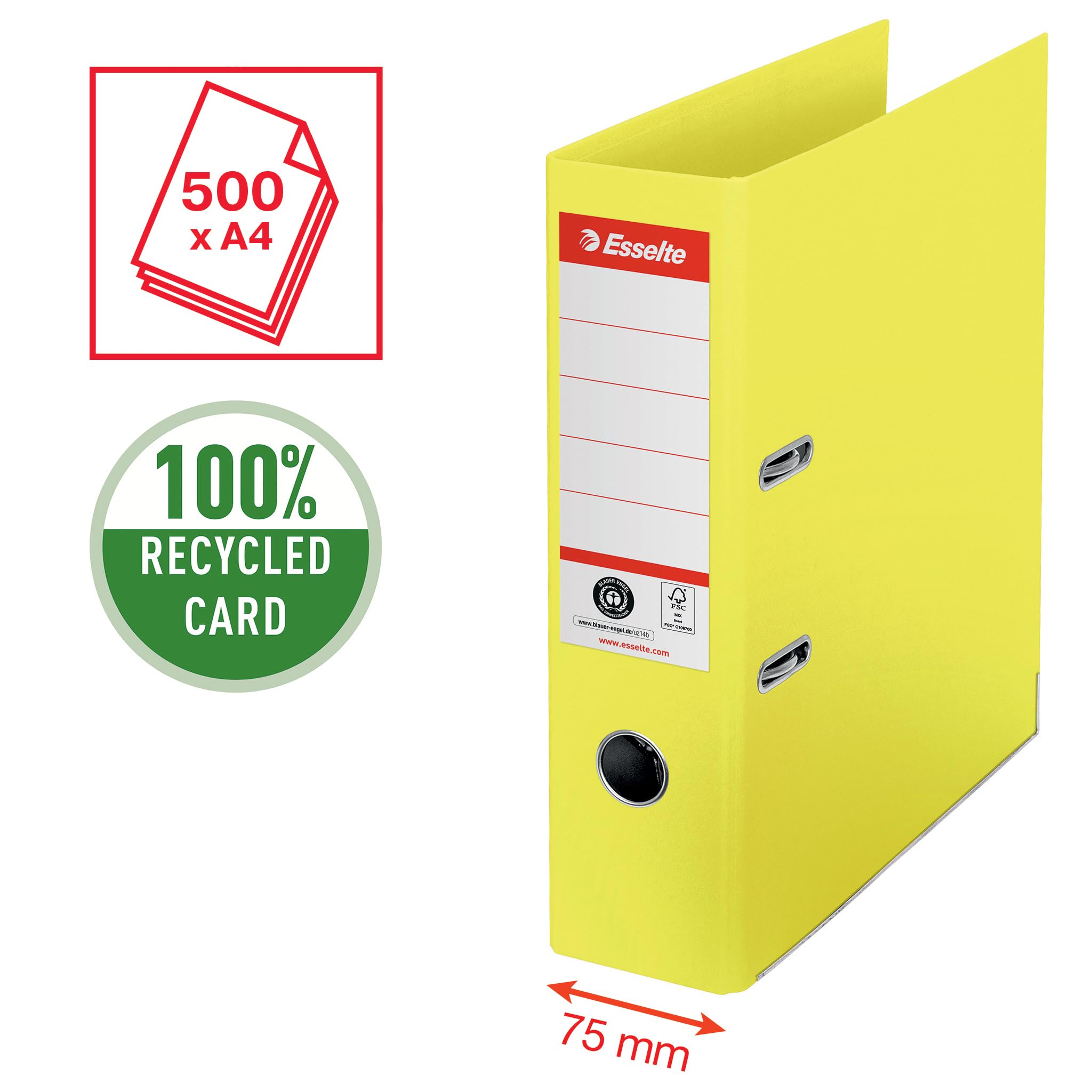 Esselte No.1 Ordner A4, 10er Set, Aktenordner 75 mm Rückenbreite, 100 % recycelbar, gelb