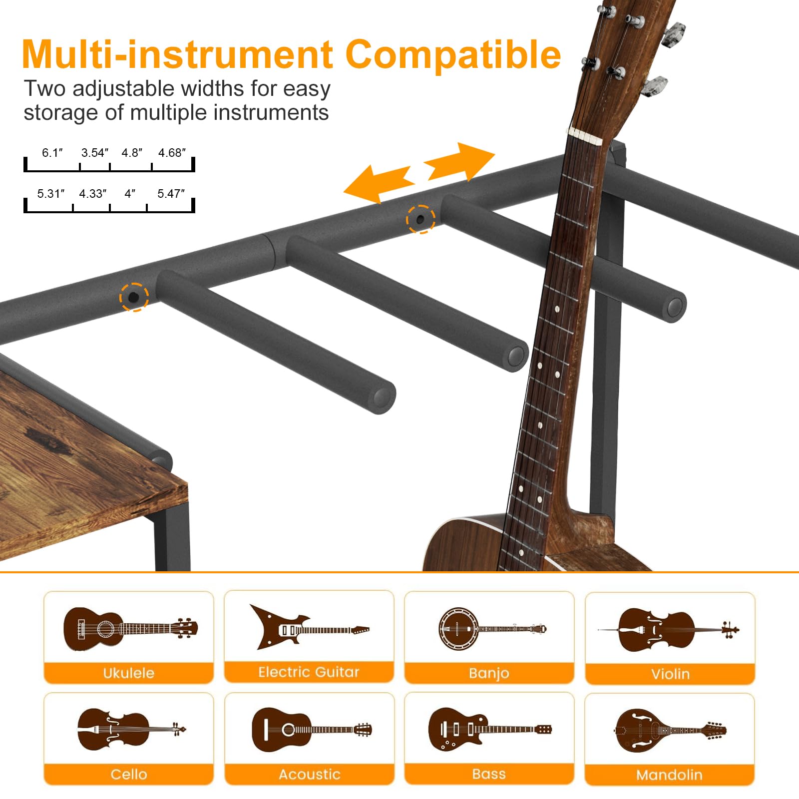 Support de guitare pour 4 guitares, support réglable pour guitares avec protection rembourrée douce pour acoustique, électrique, basse et ukulélé, support de présentation de guitare avec 3