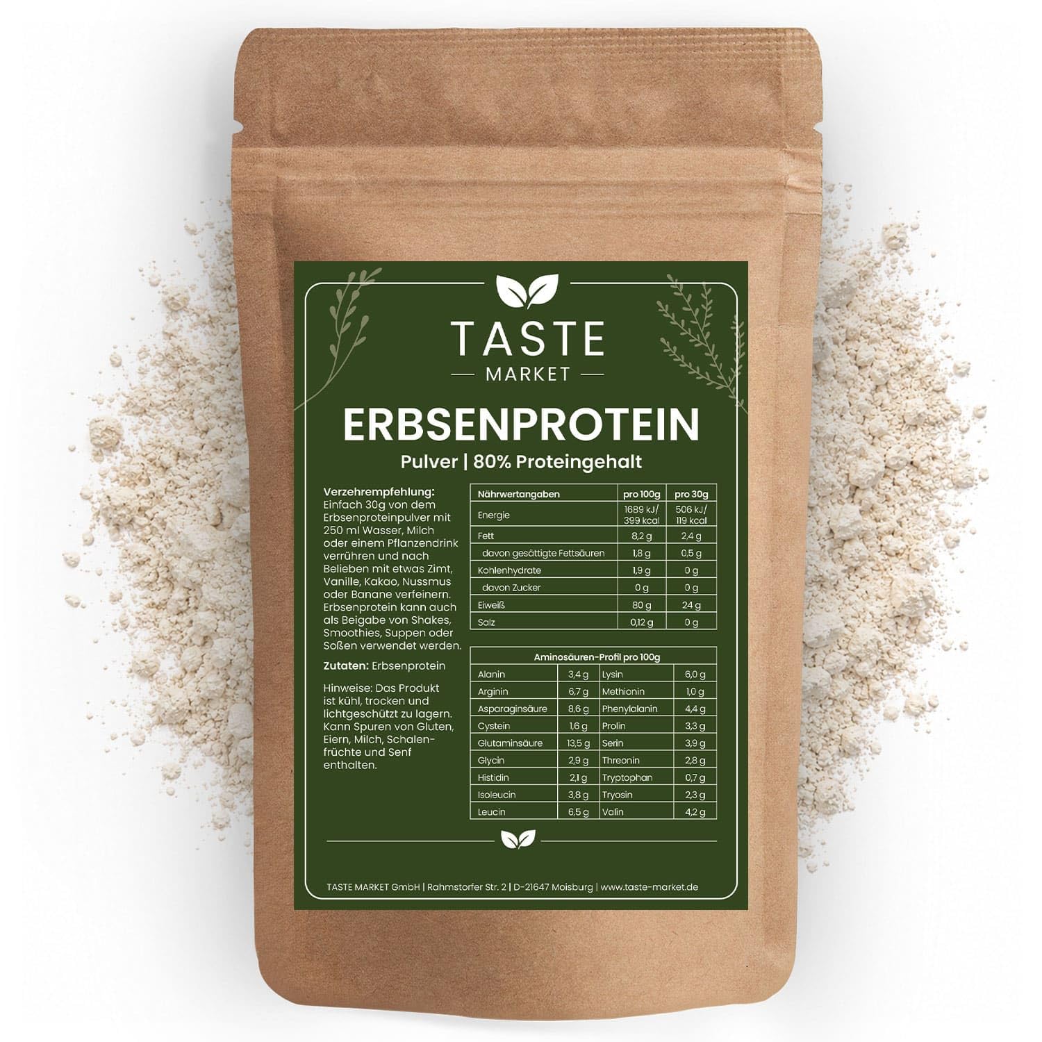 10 kg Erbsenprotein Pulver | 80% Proteingehalt | veganes Eiweißpulver | Erbsenprotein Isolat | Taste Market
