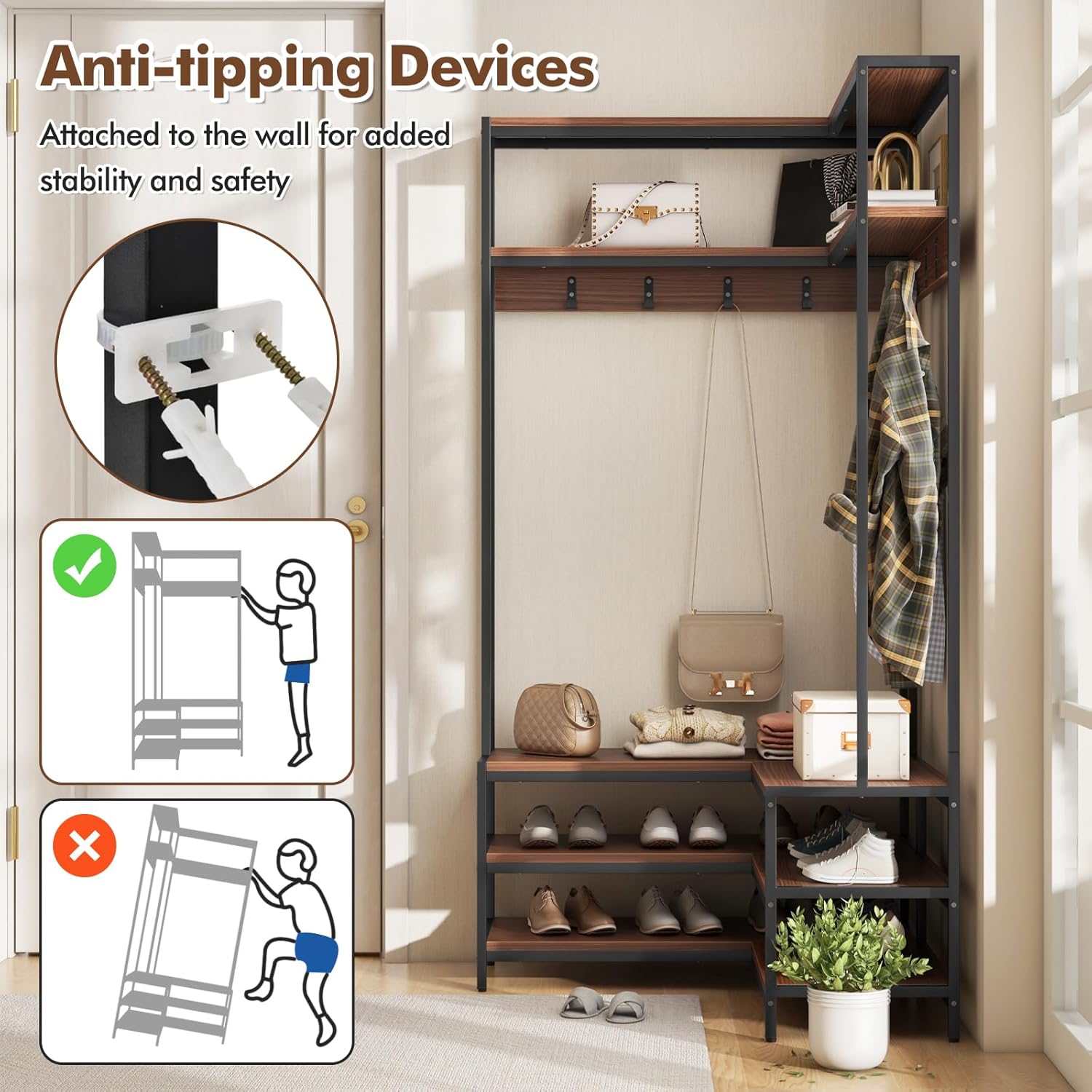 Corner Hall Tree, L-shaped Clothing Rack with Hooks, Shelves, Shoe Bench & Shoe Racks, Freestanding Clothes Stand Entryway Display Shelving Unit for Hallway Bedroom (Walnut+Black)