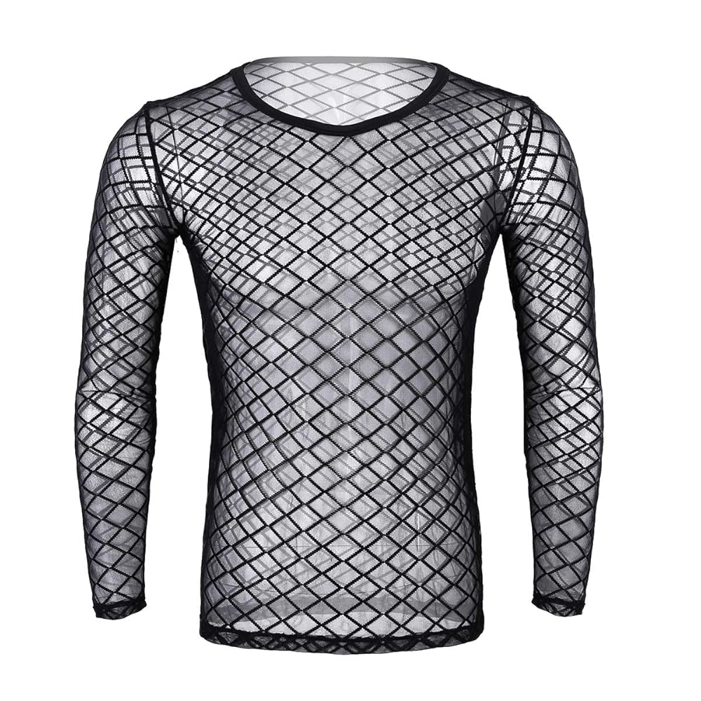 inlzdz Men's See Through Mesh Fishnet Long Sleeve Fitted