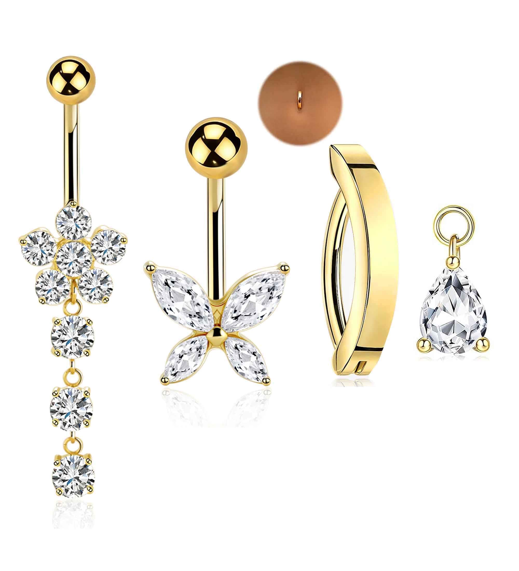 TIANCI FBYJS G23 Titanium Dangle Belly Button Rings for Women 14G Belly Ring Clicker Dangling Piercing Jewelry Curved Reverse with Flower Butterfly CZ Hypoallergenic Navel Piercing
