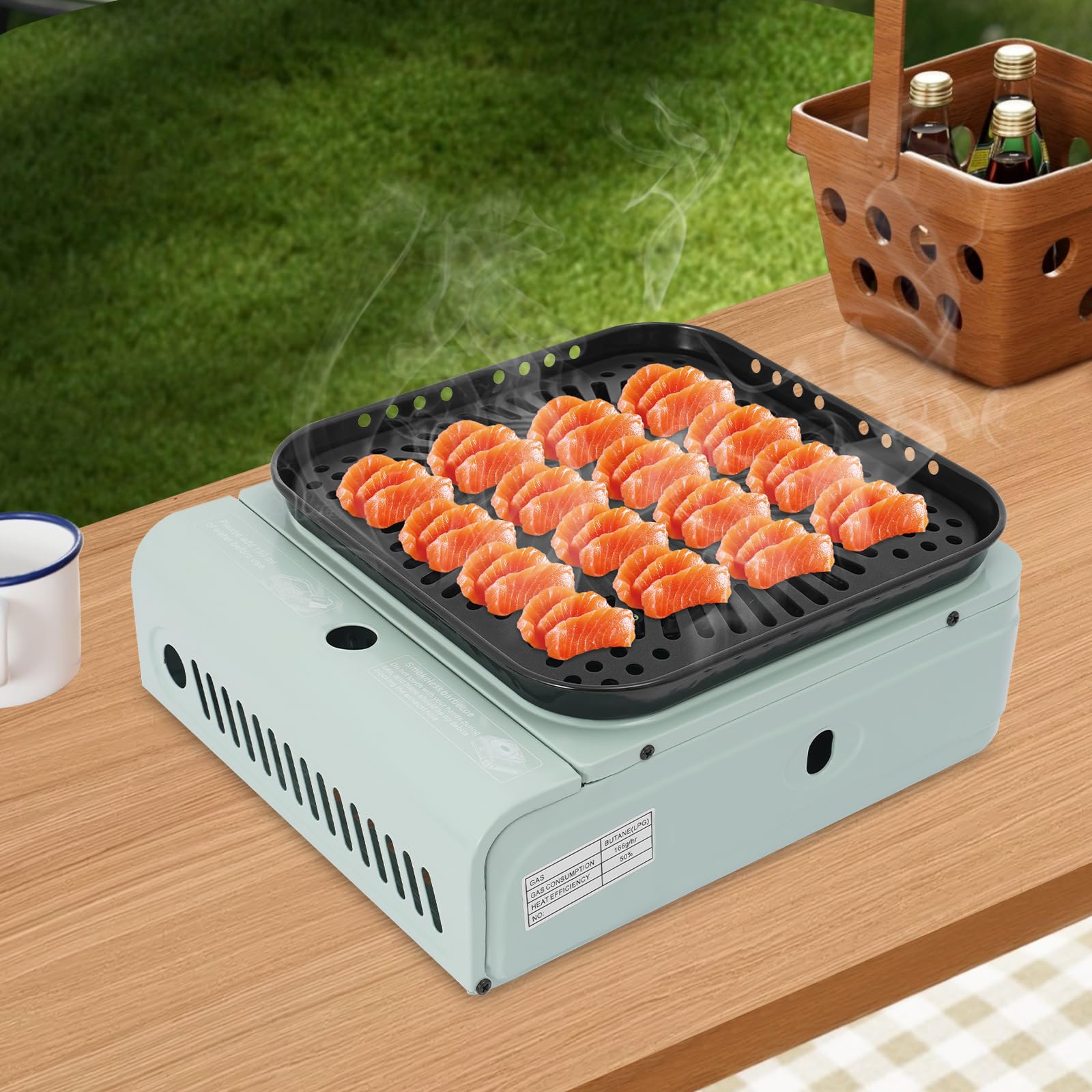 Camping Gasgrill Kompakter Gaskocher Campingkocher Tragbarer Gasgrill Camping Gasherd mit Grillplatte Gasherd Set für Outdoor, Picknick, Balkon, Garten, 30.5x27.3x12cm (Grün)