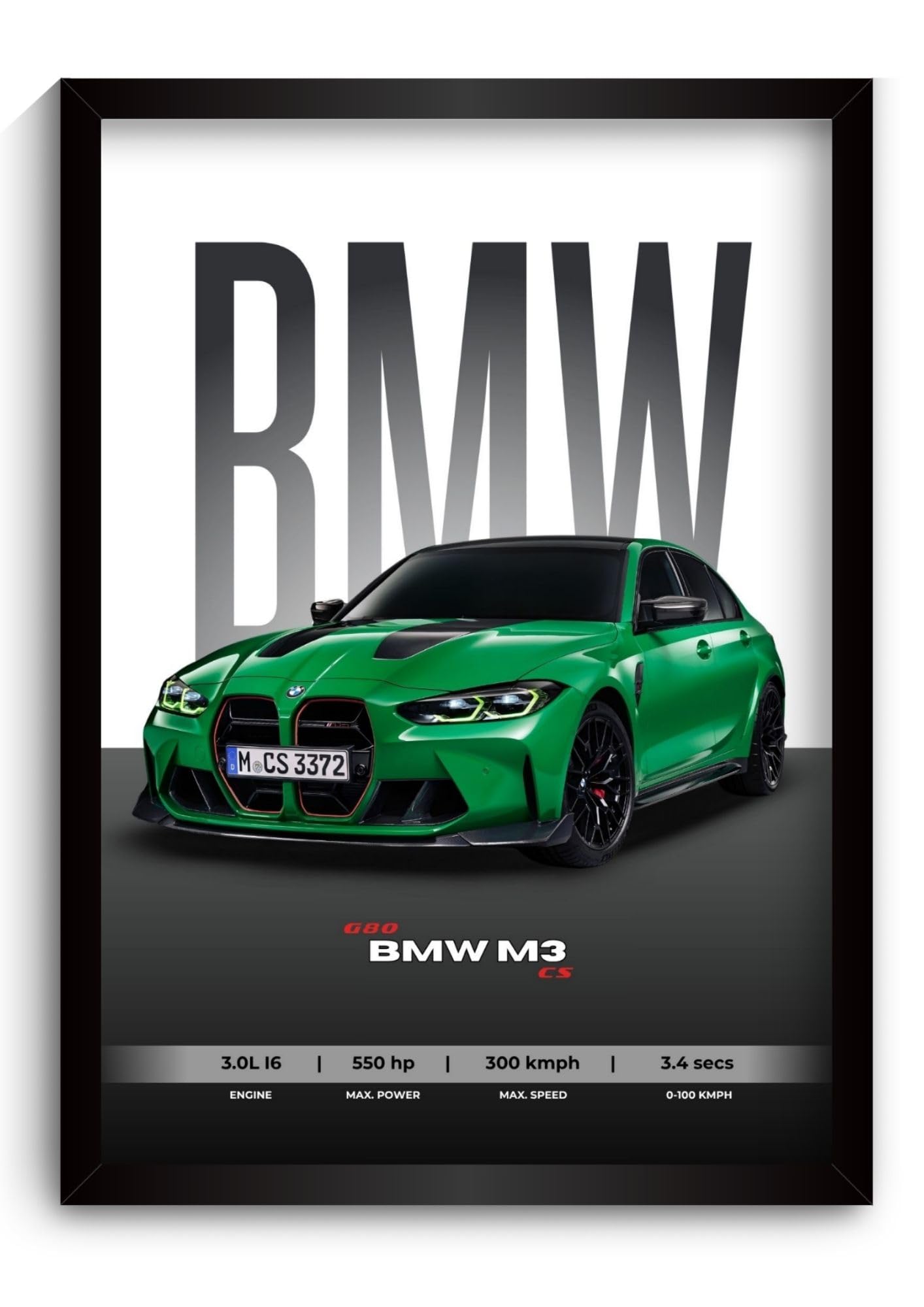BMW M3 CS Poster | Framed A4 Sized (31 x 23 cm) | Car Posters for Wall, Gift for Boys | Supercar Frames | BMW Poster M3 Sportscar Frame | Car Posters for Wall, Bedroom, Hostel, Study Room-image-2