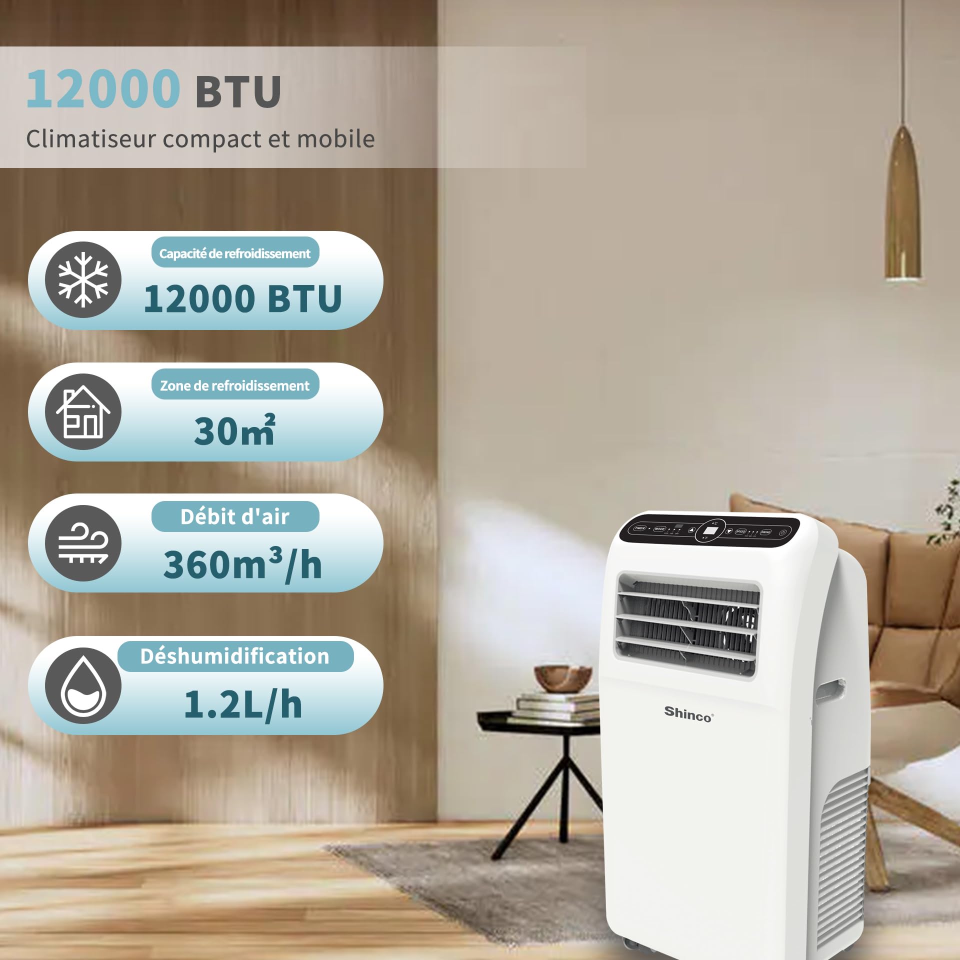SHINCO 12000BTU Climatiseur Mobile, 3,5 Kw, Fonction 3-en-1 avec Tuyau D'échappement，Refroidissement et Déshumidificateur et Ventilation, Eco R290