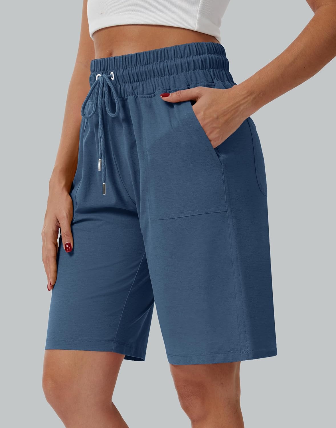 Women's Bermuda Shorts 10" Long High Waisted Comfy Jersey Knee Length Shorts with Pockets for Athletic Casual Wear - Image 2