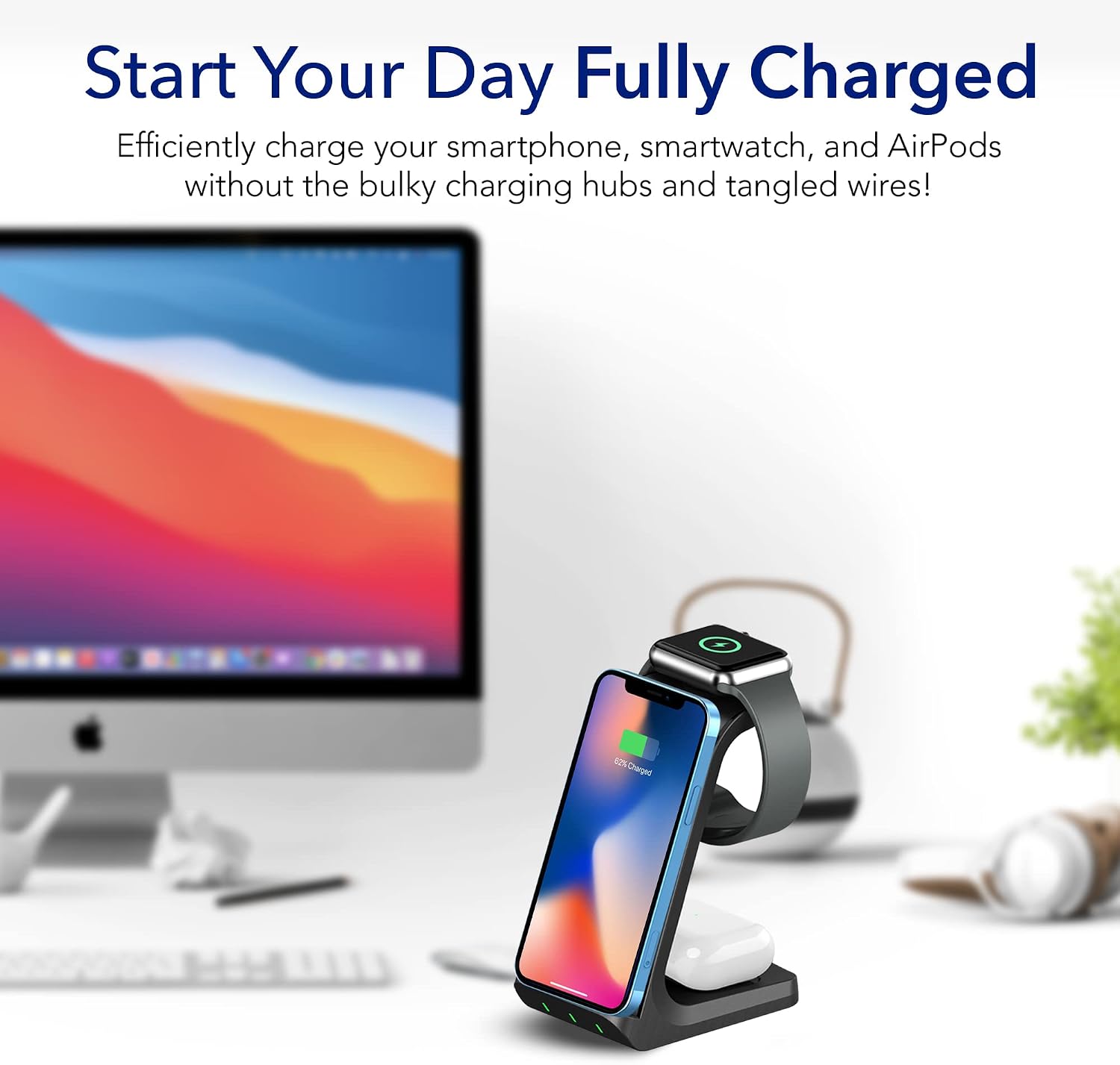 3 in 1 Wireless Charging Station for Apple Products - 15 Watt Qi Fast Wireless Charger Stand for iPhone 15/14/13/12/11 Series, Apple iWatch, and Airpods image 4