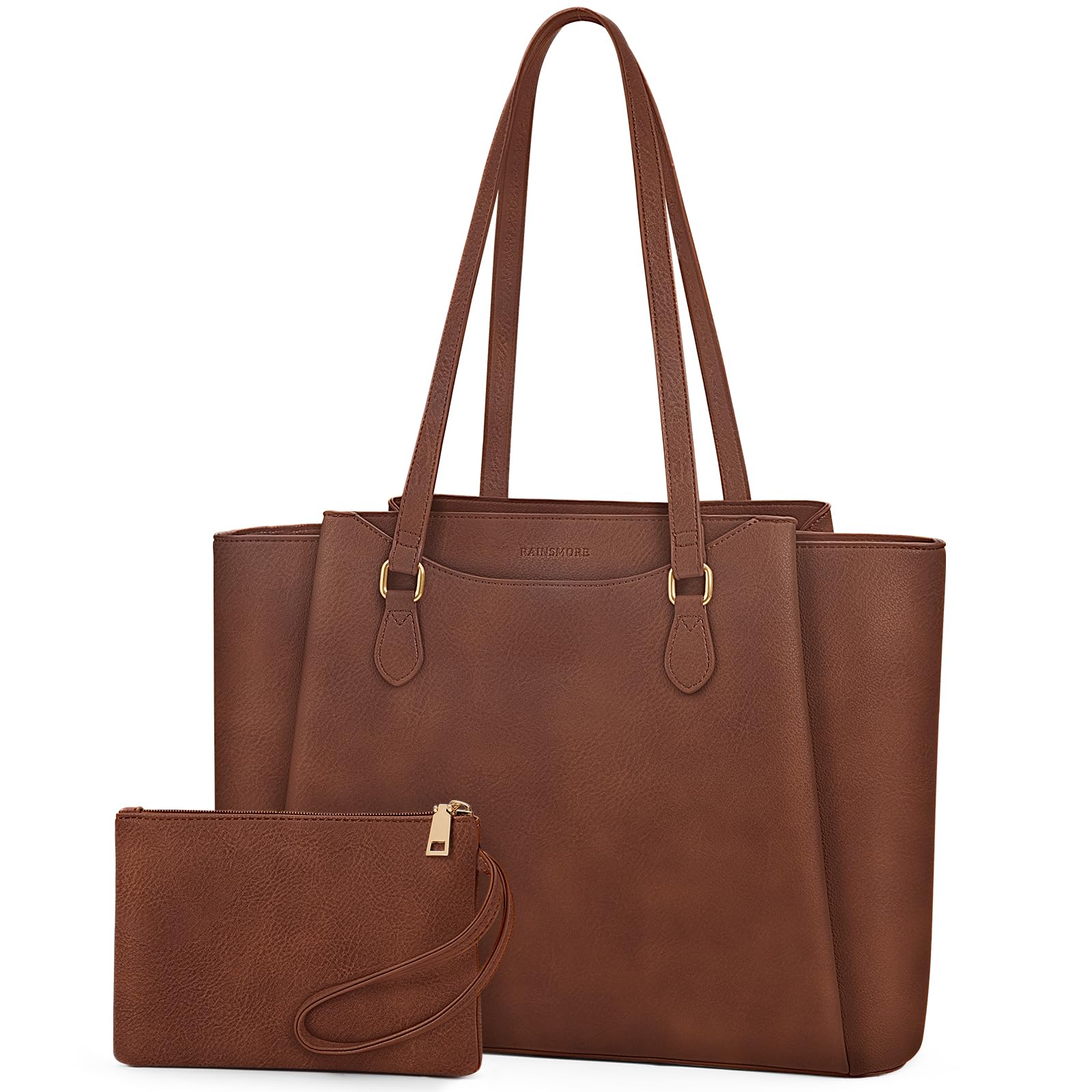 RAINSMORE Laptop Bag for Women 15.6 Inch, Waterproof Faux Leather Work Tote Bag with Clutch Purse, Large Office Bag for Commute, College, Retro Brown