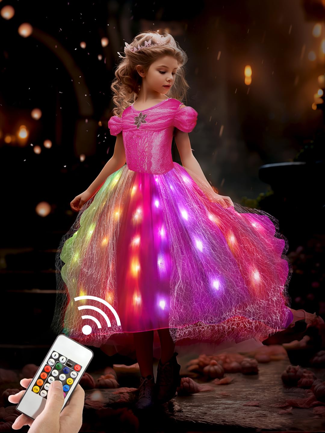 BLINGCOS Princess Costumes for Girls with RGB LED Lights, Princess Dress Music Sync & App Control, Girls Dress Up for Halloween, Christmas, World Book Day, Pink