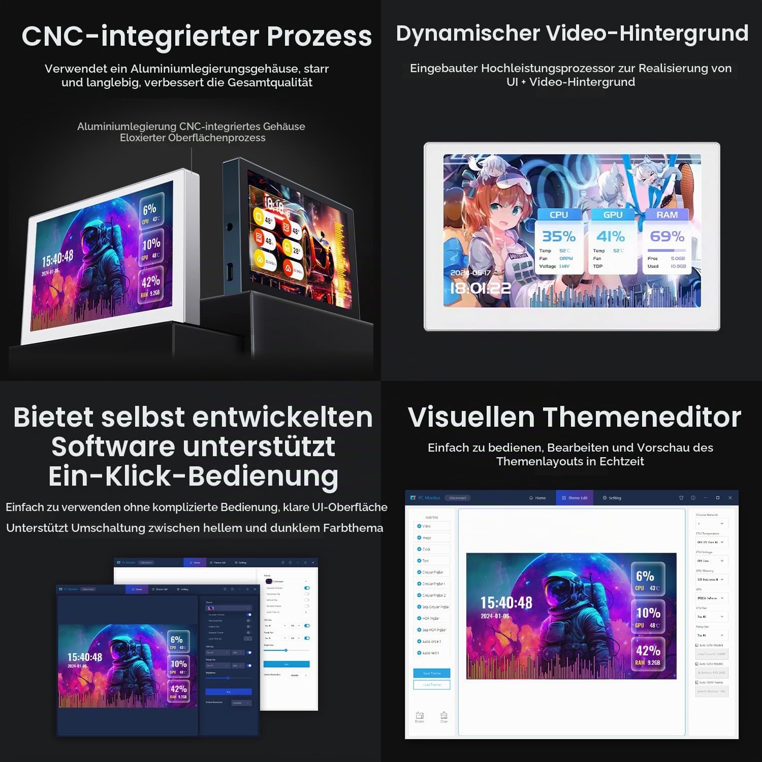 Waveshare 8.8inch USB Monitor 1920x480 Pixel AIO LCD Screen PC Case Secondary Screen Desktop RGB Ambient Screen IPS Panel with Music Spectrum Analysis Function Type-C Interface CNC Metal Case, Silver