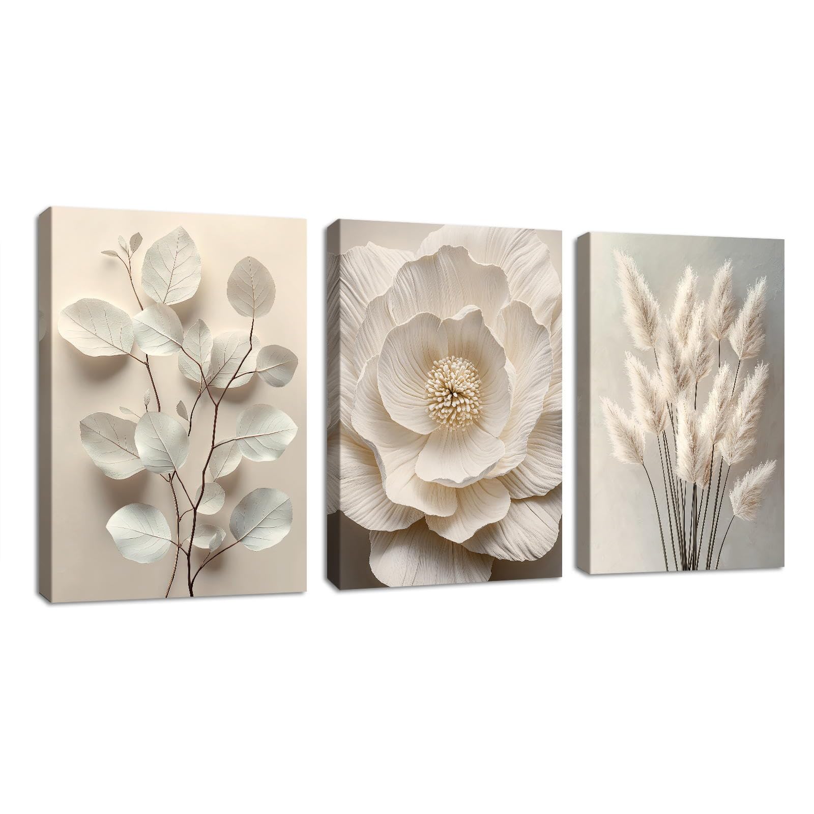 3Pcs Neutral Beige Floral Plant Canvas Wall Art, Boho Textured Flower Botanical Framed Wall Painting Pictures Blossom Wall Decor Poster Prints for Bedroom Living Room Office Ready to Hang 50x70cmx3Pcs