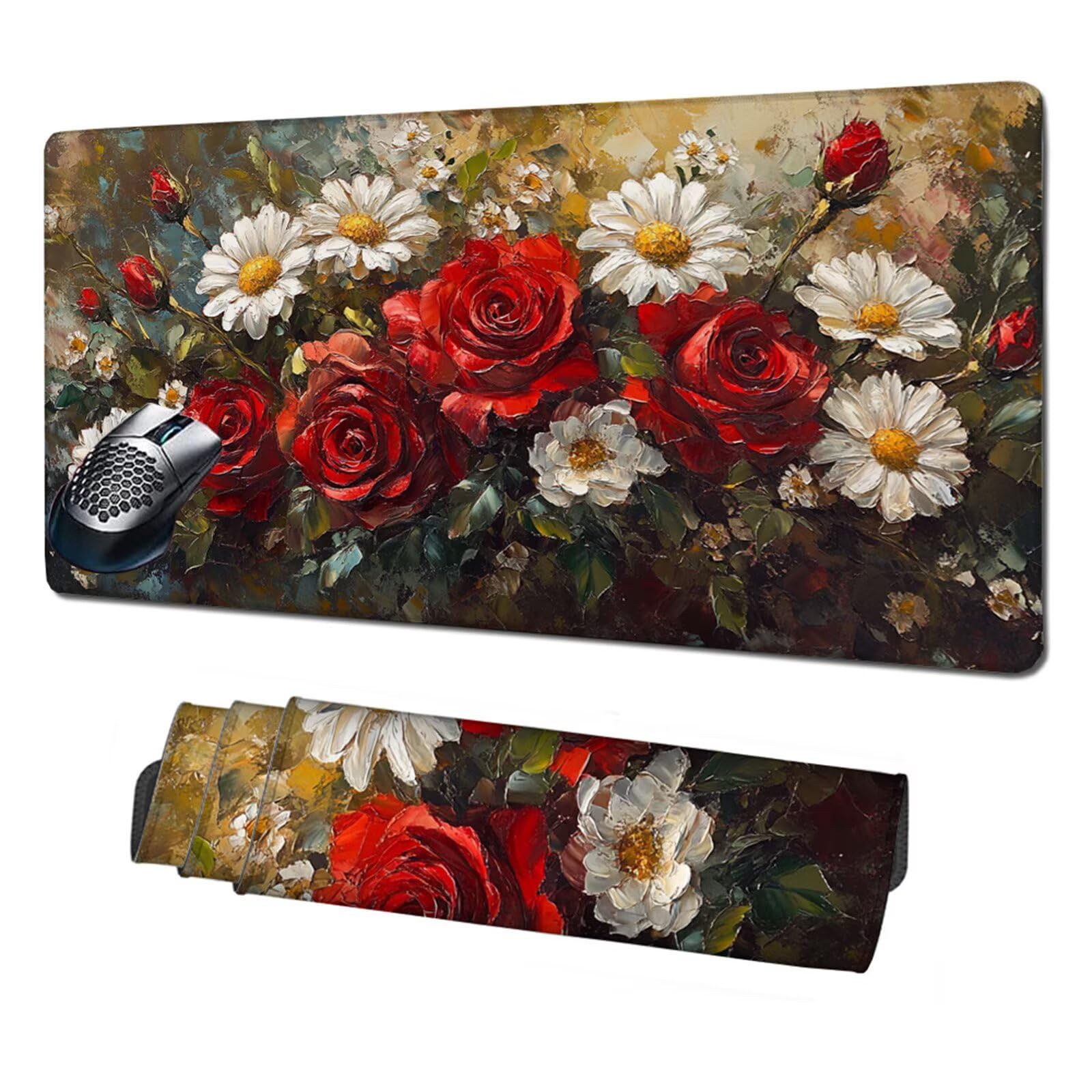 Gamingowa podkładka pod mysz XXL, 1200 x 600 mm, róża, podkładka na biurko, z antypoślizgową gumową podstawą, szyte krawędzie, poprawia prędkość, precyzja, akcesoria gamingowe X1-380