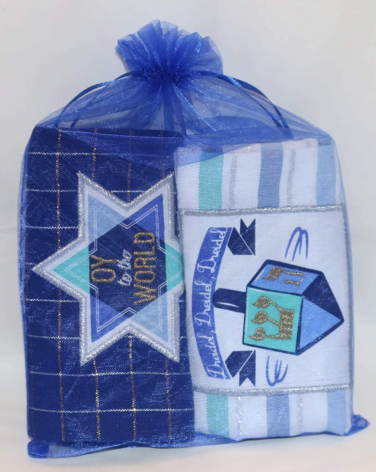 DIIDesign Imports Hanukkah Embellished Dish Towels - Bundle Set of 2 in Royal Blue Organza Bag - Oy to The World - Dreidel Dreidel Dreidel